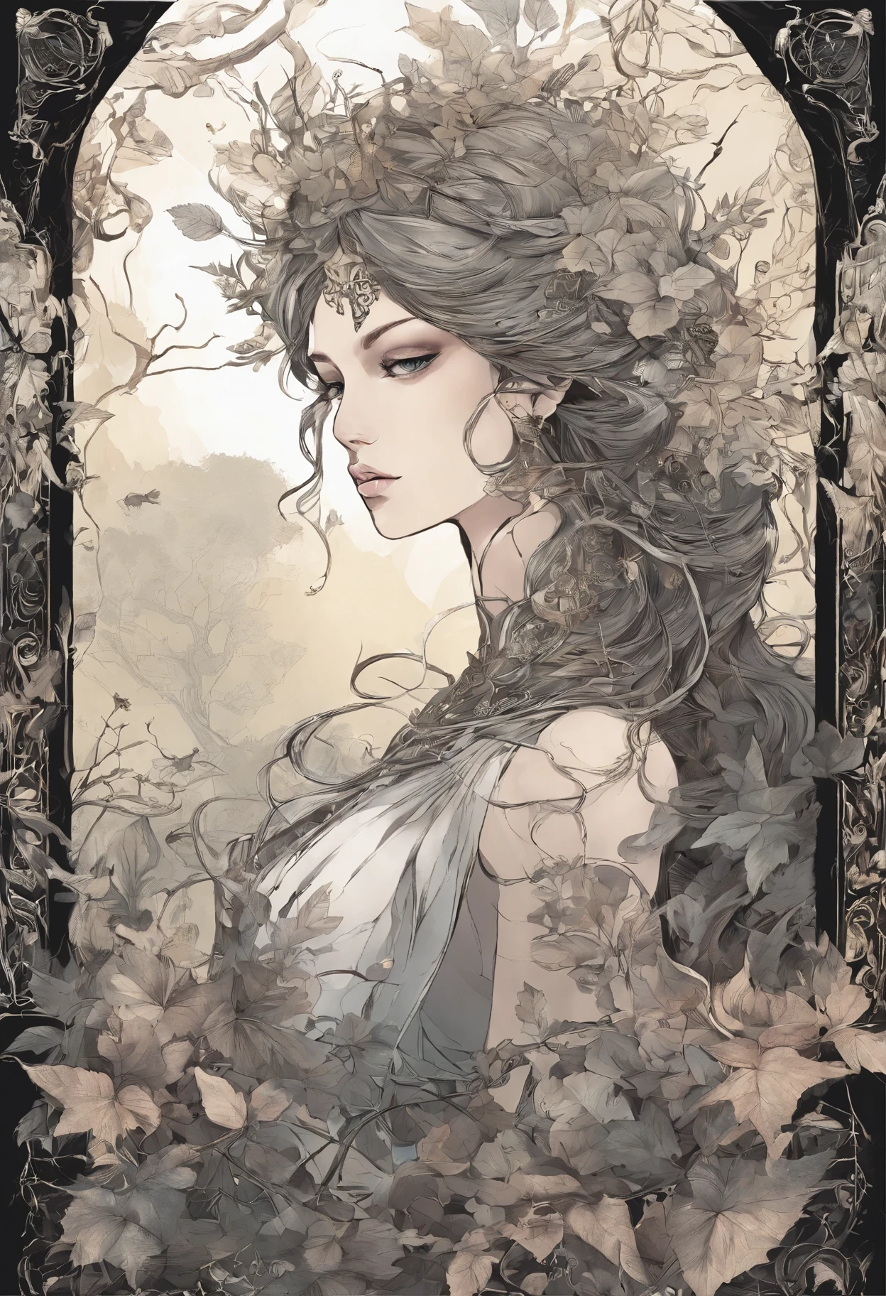 tmasterpiece, top-quality, 1 Dryad、Slim body、Large breasts、Leaf clothes、Large leaves on the head,,,、World Tree、Fantastical、Slim body、Large breasts、beautiful countenance、Dryads、larva、mito 、PsyAI，Dimly lit forest，Pale skin，Vines wrap around the body，The vine passes between the legs，bust，Refined face，largeeyes，Delicate eyes，Haughty expression，A queen，A throne made up of large trees