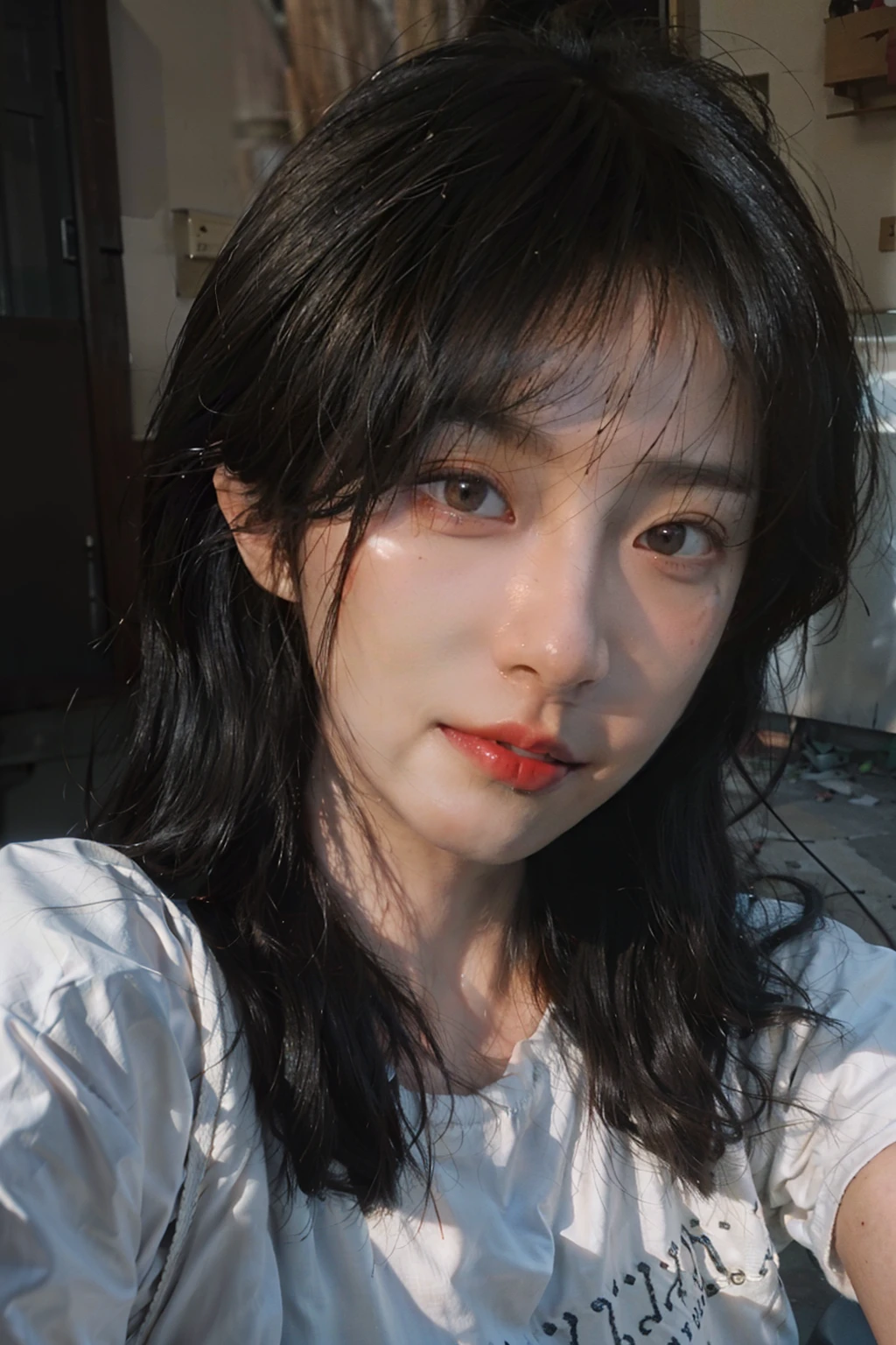 8K,Best quality, masterpiece, ultra high res, (photorealistic:1.4), raw photo, (Authentic skin texture:1.3), (film grain:1.3), (selfie angle),1girl,beautiful detailed eyes and face,masterpiece, best quality,close-up,upper bod,