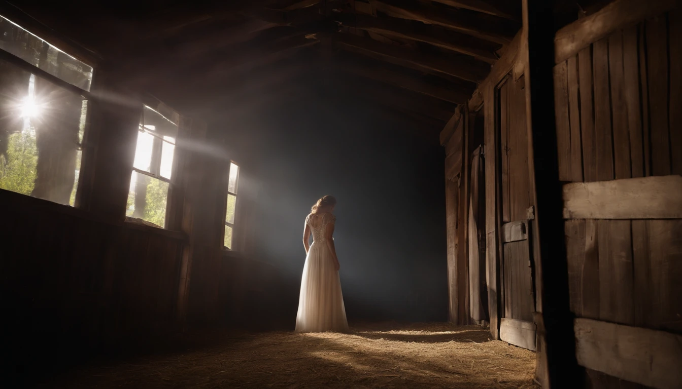 She decided to go to the barn, which was at the back of the property. She opened the door with difficulty, and came across a startling scene. In the middle of the barn, there was a huge silver spaceship, which glowed in the sunlight streaming in through the cracks in the roof.