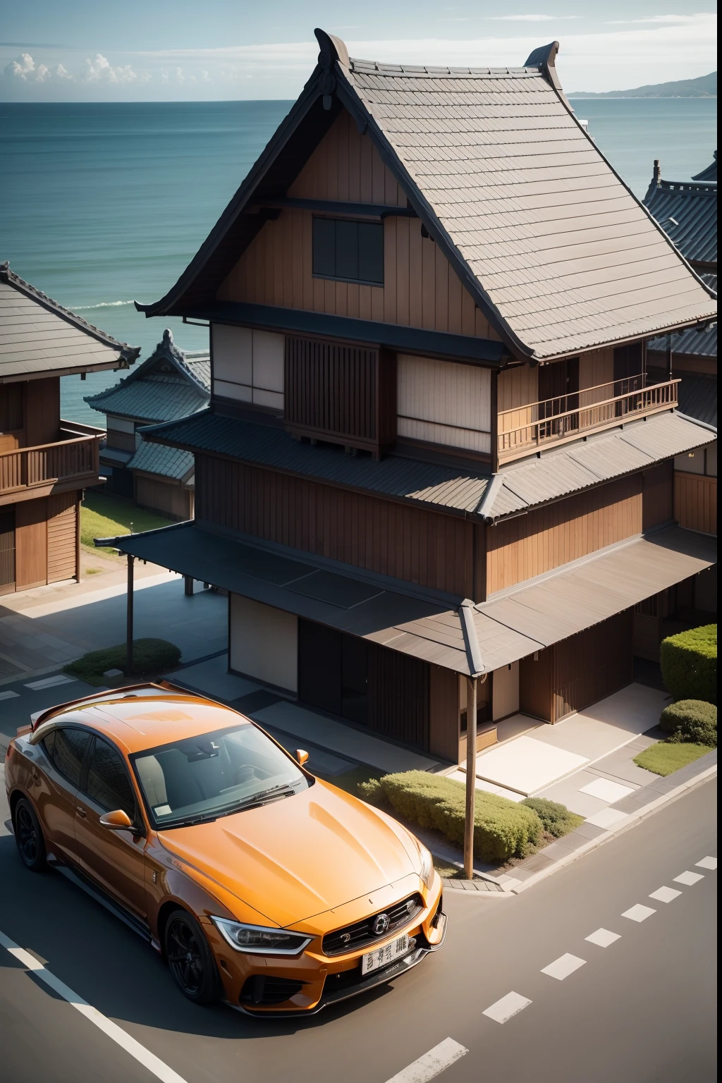 House by the sea, Japanese wooden architecture.
Super car placed in front of the yard