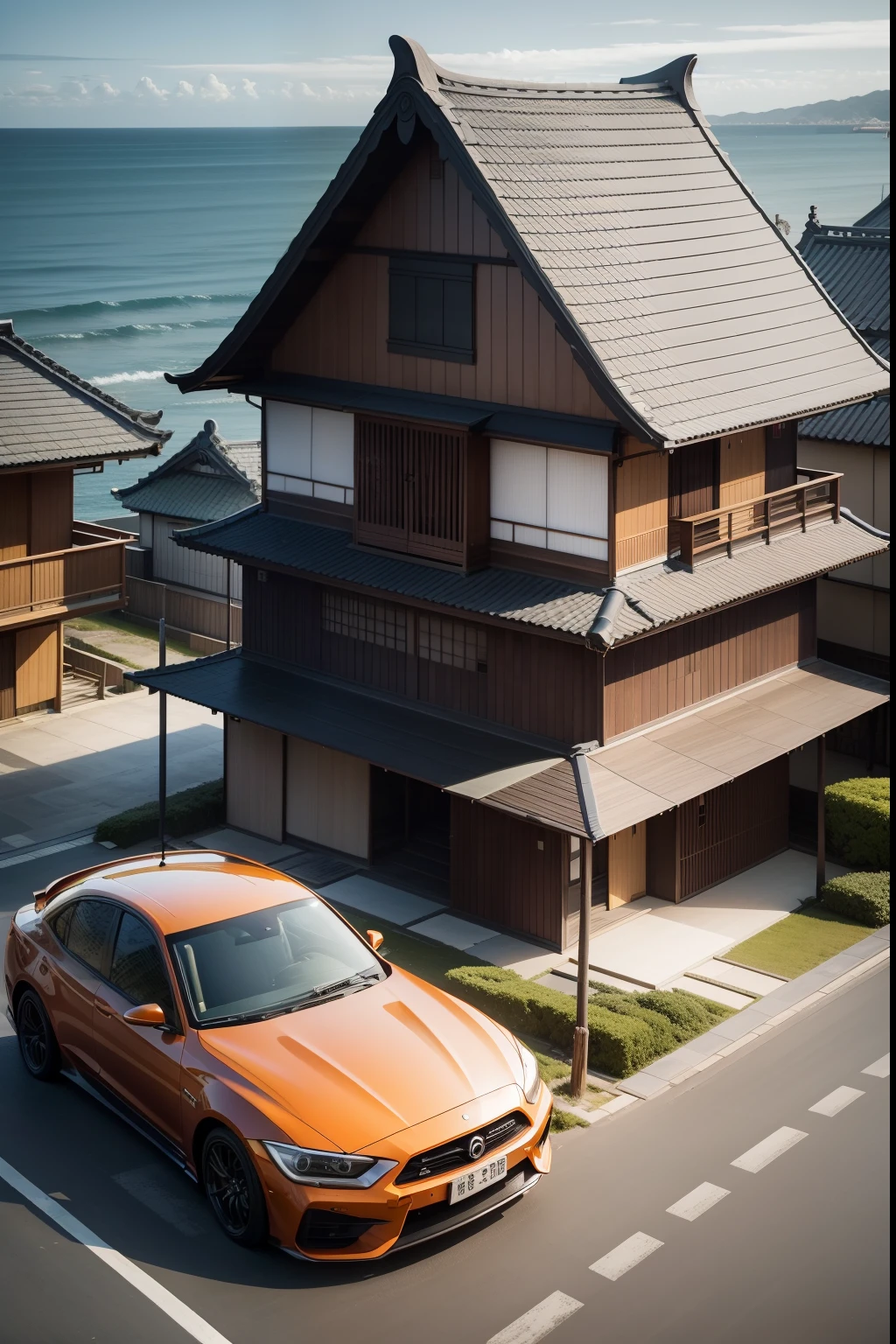 House by the sea, Japanese wooden architecture.
Super car placed in front of the yard
