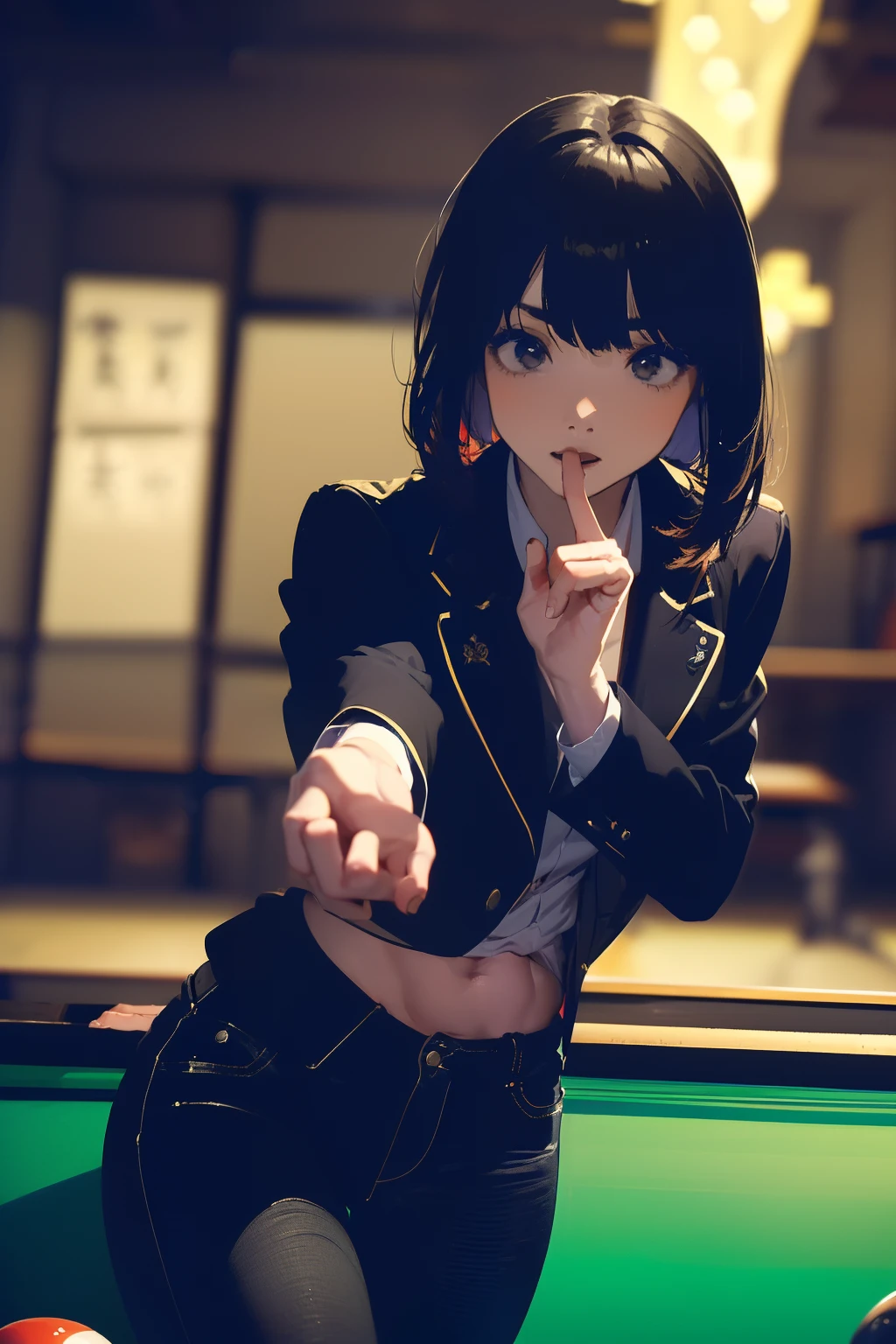((((Playing Billiards))),((Female 28 years old)),((Best Quality:1.5)),(((Hands with the correct number and structure of fingers:1.4))),((Big fish:1.37)),hight resolution,ultra-detailliert,​masterpiece,best qualtiy,(Eight-headed body),Black hair, long eyeslashes, Solid Circle Eyes, drop shadow, Atmospheric perspective,Super Detail, ccurate, small brest,(Black jacket and black jeans :1.1),top-quality, blurry backround, bokeh dof:1.2, (​masterpiece:1.3), Atmospheric perspective,Super Detail,dynamic compositions,