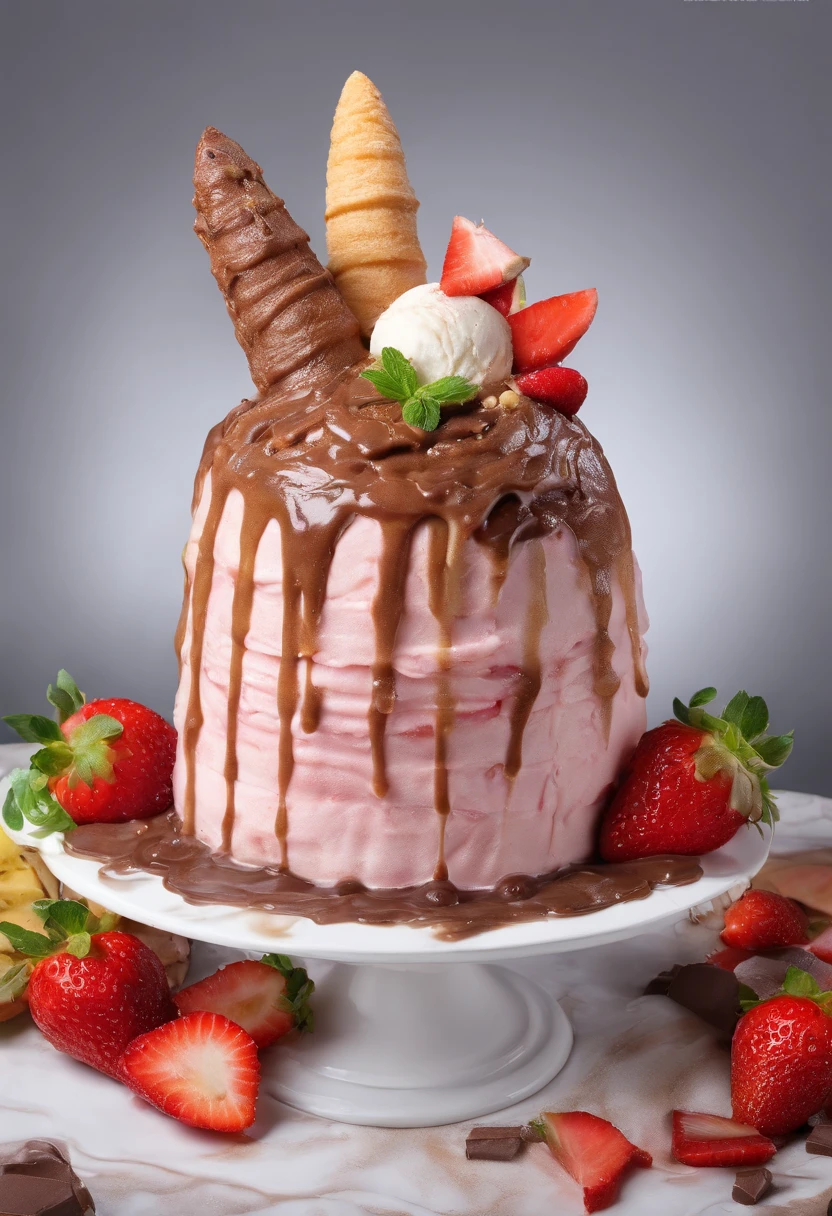 An ice cream with pork belly-shaped ice cream on top, strawberries, watermelon, pineapple, chicken leg cake, crocodile-shaped cake, horse-shaped cake, whale-shaped cake, a thick layer of chocolate on top, very beautiful, very delicious