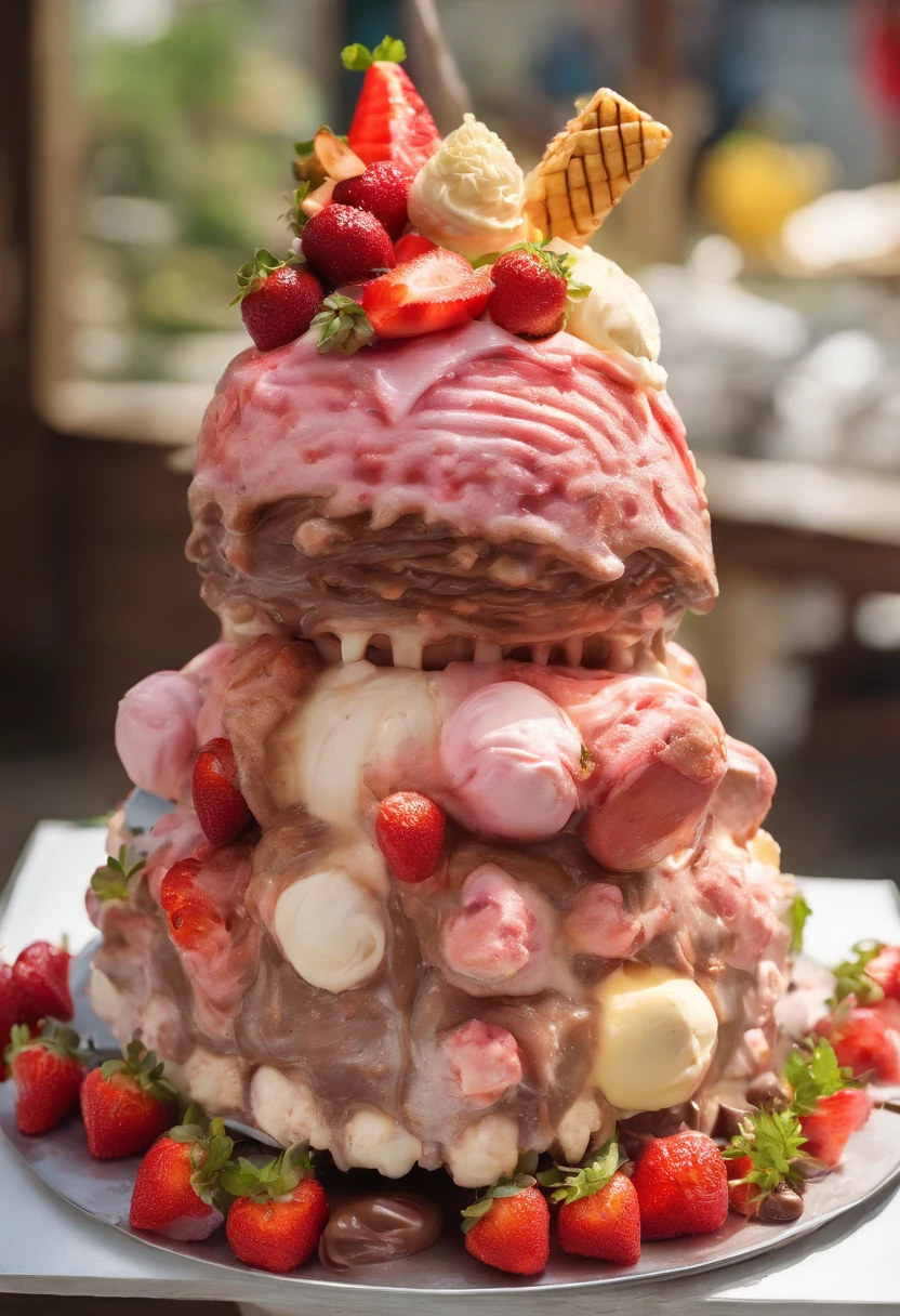 An ice cream with pork belly-shaped ice cream on top, strawberries, watermelon, pineapple, chicken leg cake, crocodile-shaped cake, horse-shaped cake, whale-shaped cake, a thick layer of chocolate on top, very beautiful, very delicious