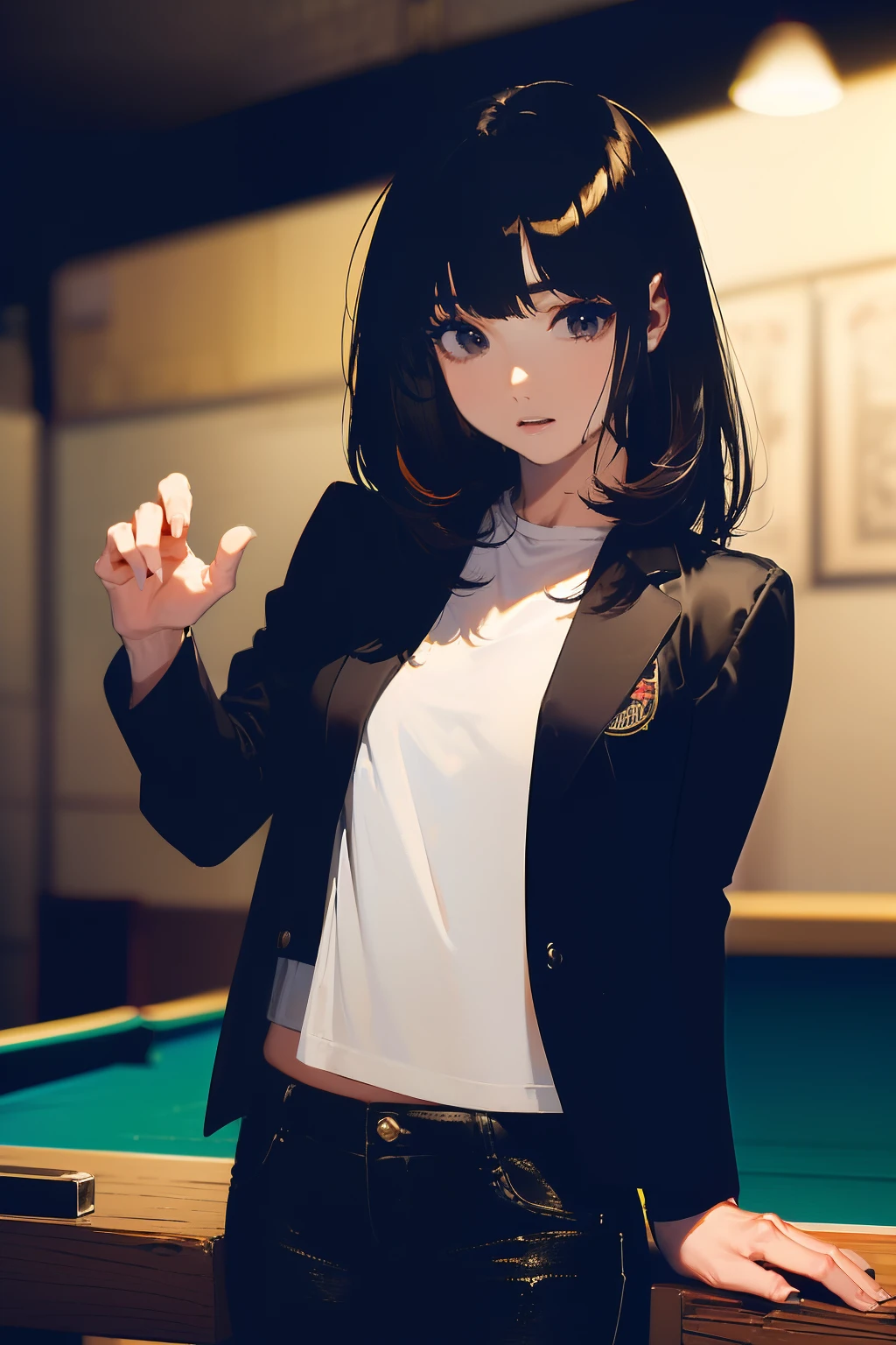 ((((Playing Billiards))),((Female 28 years old)),((Best Quality:1.5)),(((Hands with the correct number and structure of fingers:1.4))),((Big fish:1.37)),hight resolution,ultra-detailliert,​masterpiece,best qualtiy,(Eight-headed body),Black hair, long eyeslashes, Solid Circle Eyes, drop shadow, Atmospheric perspective,Super Detail, ccurate, small brest,(Black jacket and black jeans :1.1),top-quality, blurry backround, bokeh dof:1.2, (​masterpiece:1.3), Atmospheric perspective,Super Detail,dynamic compositions,