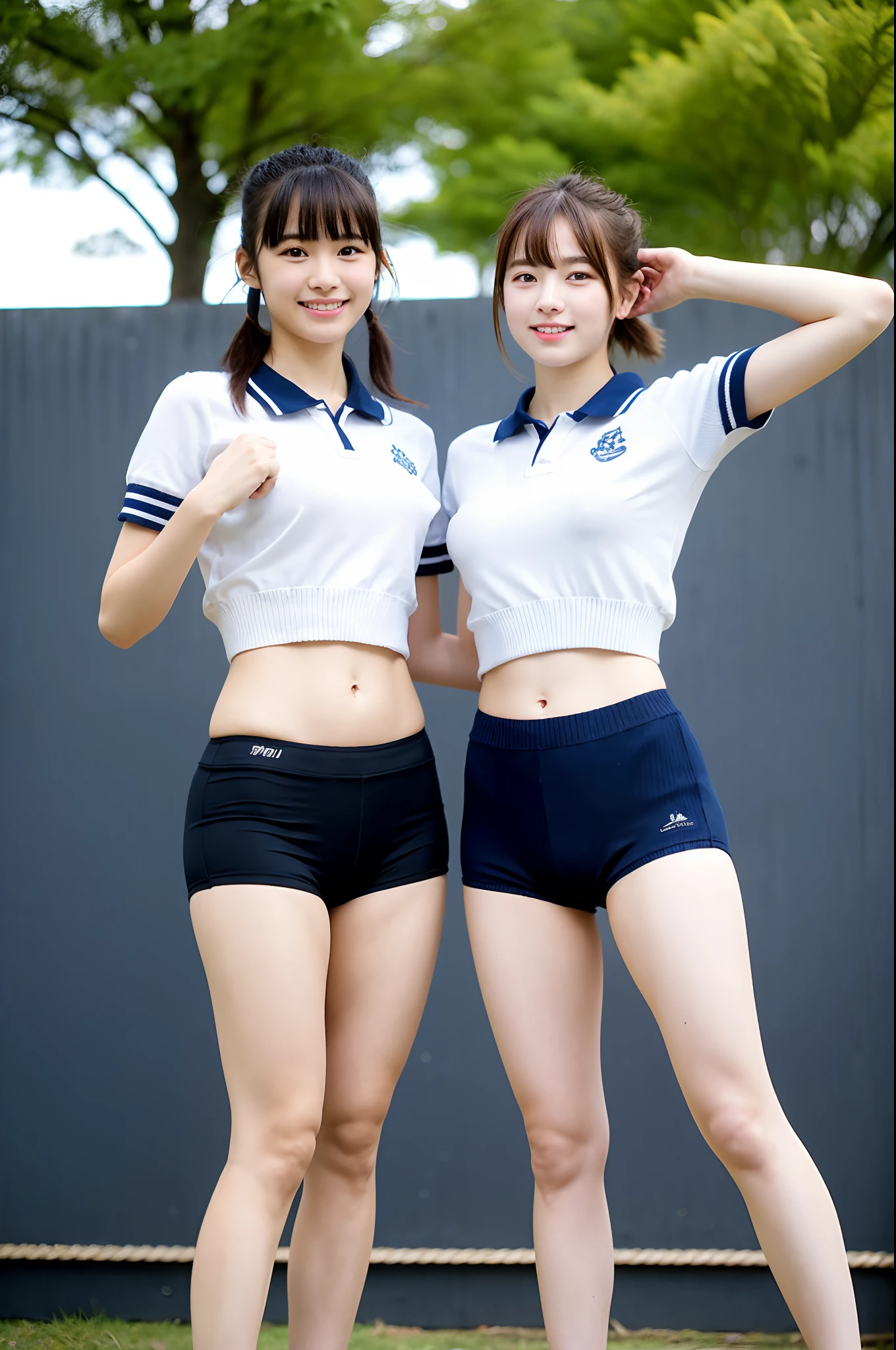 girls walking in school yard,white plain t-shirt with navy blue trim,navy blue speedo-style briefs,18-year-old,bangs,a little smile,thighs,knees,short cut hair,low ponytail,from below,front-lighting