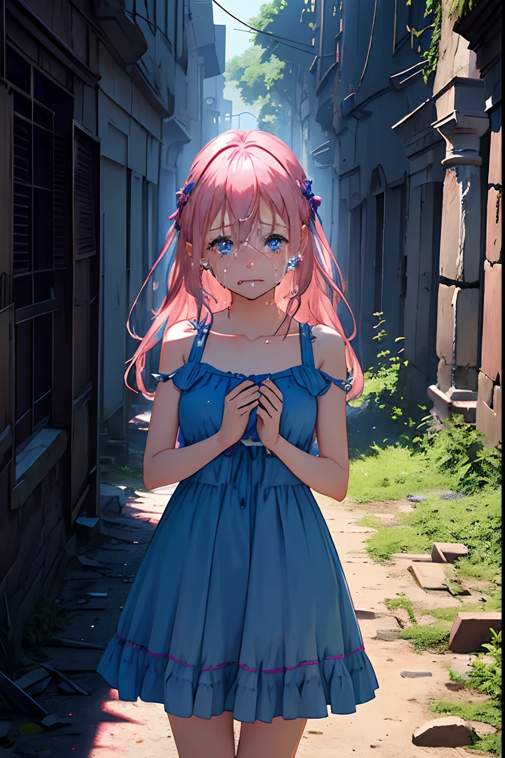 1girl in、A pink-haired、blue eyess、in blue dress、Shoulders are out、length hair、(Crying face:1.3)expressioness、Have a teddy bear、Dark atmosphere、Dark、Old Archaeological Museum、ruins、murky、You can see the valley