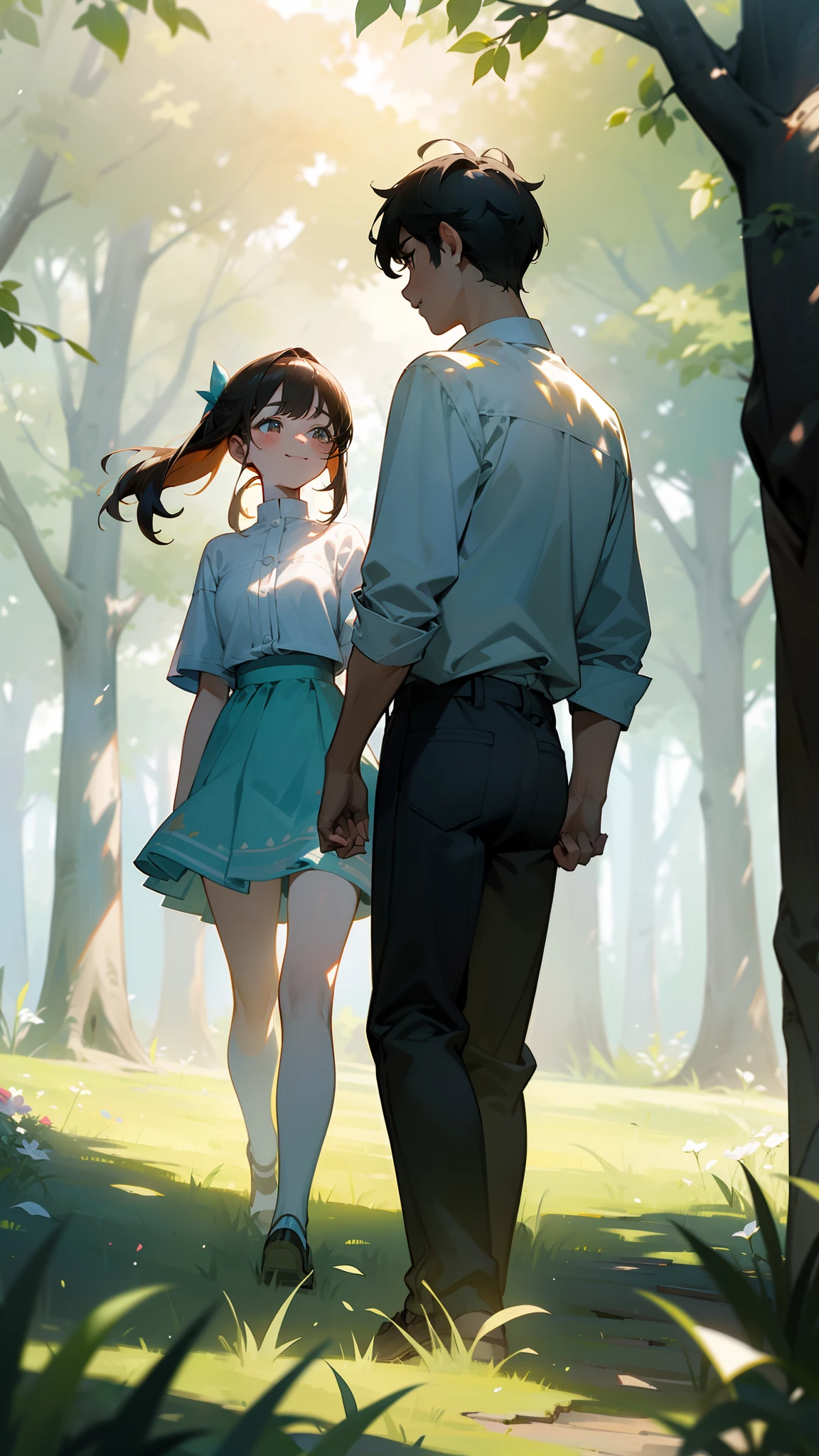 ((Masterpiece,Best quality,modern)), depiction：On a warm summer afternoon，A young couple strolling hand in hand through a grassy park。Behind them was a thick wood，The breeze blows through，The leaves sway gently。There is a strong atmosphere of happiness between the two，Their smiles reveal deep love。The boy held the girl's hand tightly，Listen to her endless nonsense，The expression was full of pampering and joy。Sunlight shines through the gaps in the woods，Sprinkle on them，It illuminates the beauty and warmth of this moment。