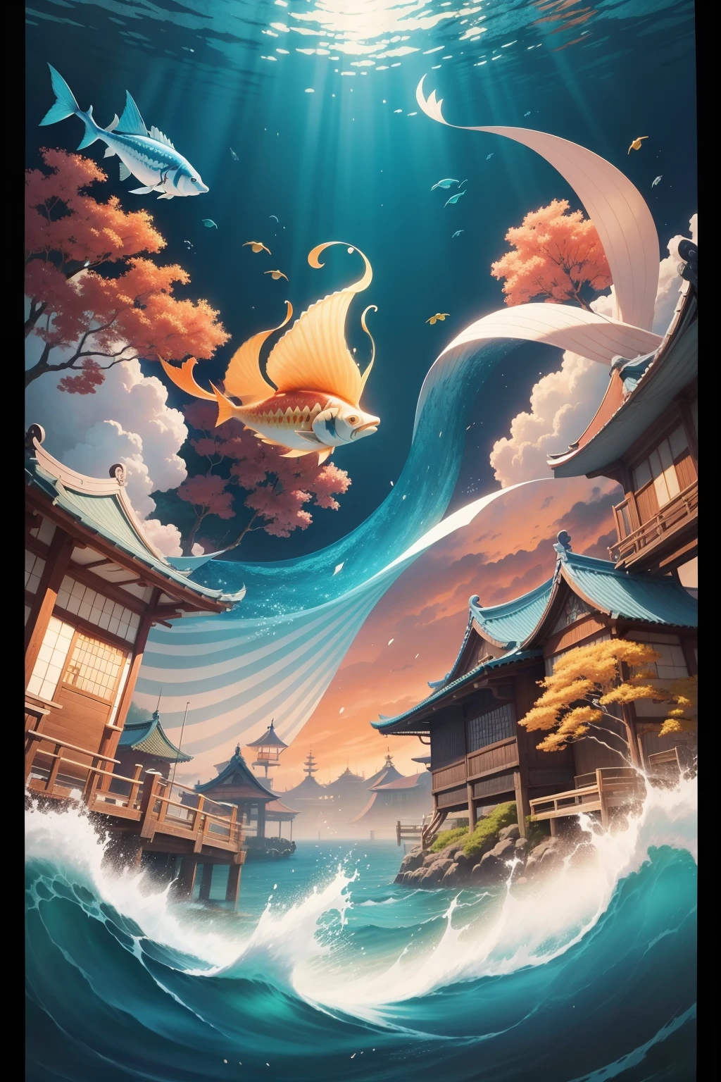 Nami, wallpapaer colorido, roupas da saga Ilha dos Homens-Peixe, with various Japanese elements in the background, masterpice, estilo de anime, 4k