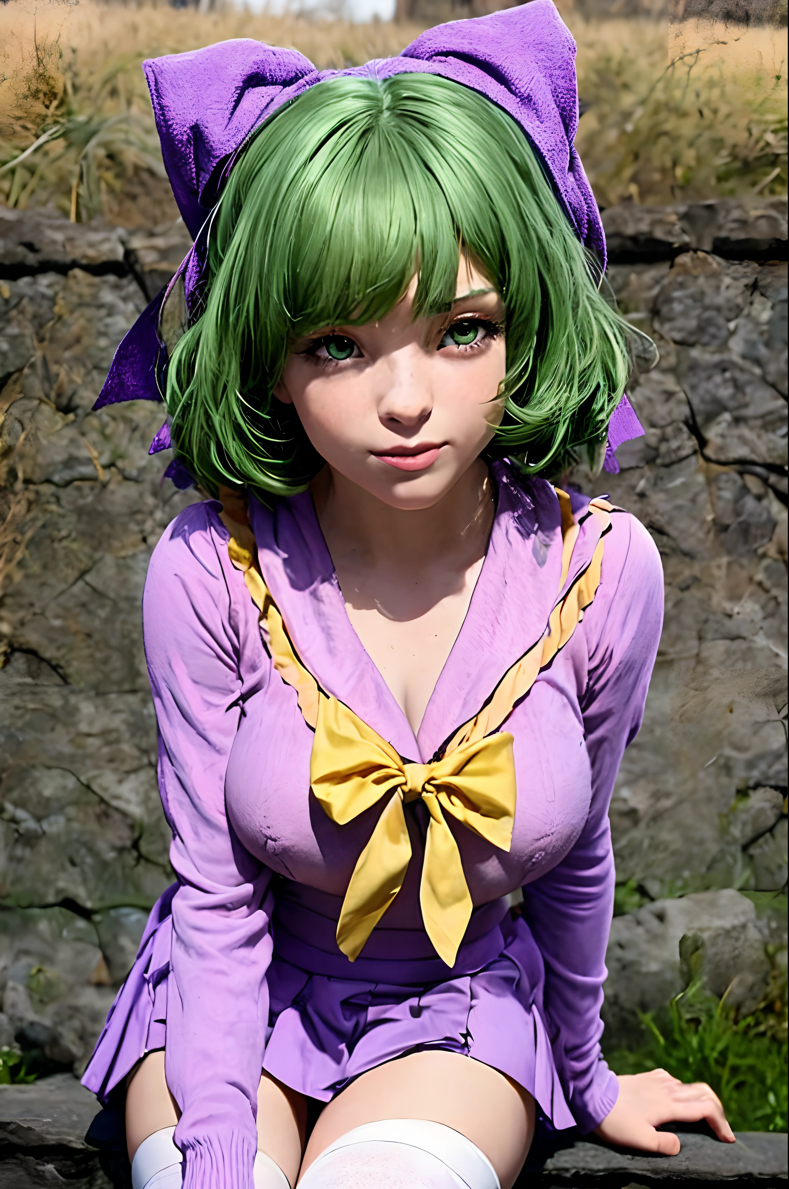 Hyper-realistic style characters, Green hair， greene eyes， Purple bow headdress， Light pink sailor suit，Yellow-pink sailor collar， pleatedskirt，white stockings，Be red in the face，Big tits