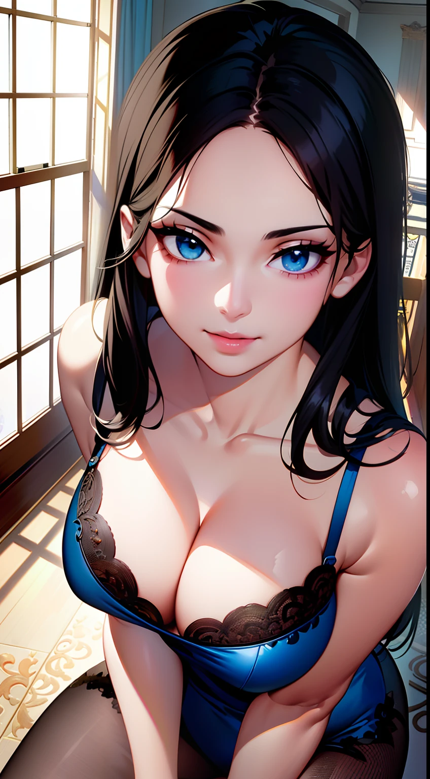 masterpiece, ((ultra detailed background, delicate pattern, intricate detail)), (highly detailed, fine details), best quality, beautiful lighting,((medium breasts, slim girl)), (NicoRobinV2, 1girl, black hair, long hair, solo, smile, blue eyes, closed mouth, hair slicked back, (complex detailed background, inside, hallway environment, classy interior, window, daytime), (portrait),film movie still、1girl in、on knees、17years、pale-skinned、innocent smiles, fishnet stockings、((A detailed face))、(Detailed skin)、Moist with intricate details、Shallow depth of field、[volume fog]、电影灯光、Reflectors、a Canon EOS R5、50mm lens、f / 2.8、NffSW、shot at 8k resolution, on bedroom floor, sexy,short detailed hair，cleavage，Close-up