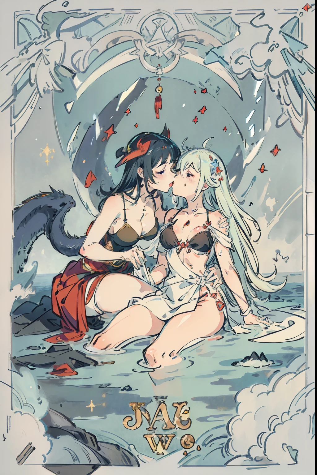 some pretty anime characters fighting over water with one another over the top of them a waterfall blushing lewed face while wearing very tight boots microbikini