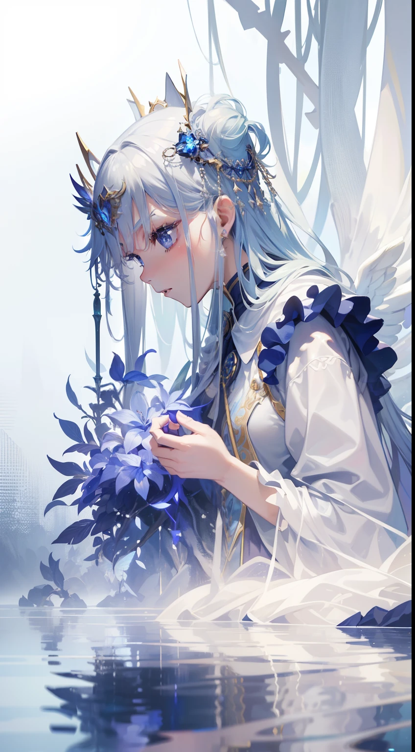 ((8K))、((32K))、((top-quality))、((​masterpiece))、((超A high resolution))、detailed skin textures、Detailed Cloth Texture、beautifull detailed face、intricate-detail、ultra-detailliert、CGSetsoty Trends、extreme detail description、proffesional、Ultra-fine painting、Anime - stylistic image of a woman dressed as an angel、Highly detailed artgerm、ross tran 8 k、concept-art | Art Germ, anime goddess、full - body majestic angel、anime fantasy artwork、Art Germ、Anime Illustration、detailed fantasy art、Anime character with light blue-violet hair and white wings、Light blue-purple hair god、Majestic angel all over the body、Chen Wei Pan(Art Station)、High-quality detail art in 8K、3D Rendering Character Art in 8K、Girl of the Knight of Angels、as a mystical valkyrie、Silver and blue-violet armor dress、Silver and blue-violet long armor skirt、full armor、Holding a holy sword in one hand