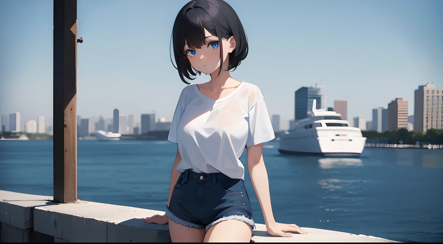 1girl, short black hair, blue eyes, wearing plain white shirt, denim shorts, city, absurdres, high res, ultrasharp, 8K, masterpiece, looking at viewer