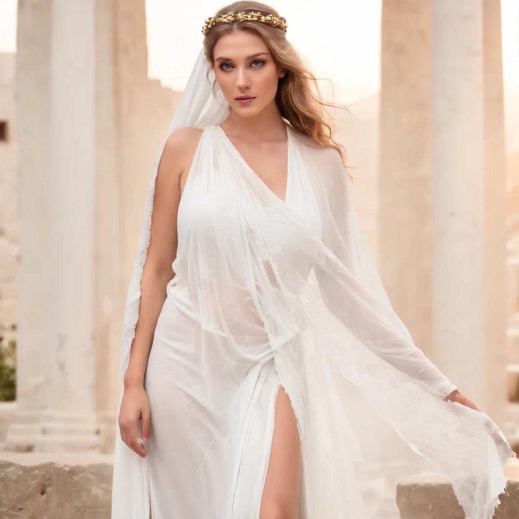 (masterpiece, best quality 16k, HDR), Greek goddess of hearth and fire, with ((dark blonde, dark red eyes)), is fair-skinned, (wears a torn sheer long white greek toga:1.75, a torn white veil, ultra huge boobs:2.0, ultra huge tits:2.0, visible realistic nipples via sheer dress:2.0), looks mysterious and beautiful, inside of an abandoned broken ancient greek temple, "holy fire of vesta", Greek mythology, dark atmosphere, photorealistic, super high quality, super detail, ultra accurate description of hands, detailed face, detailed skin texture,