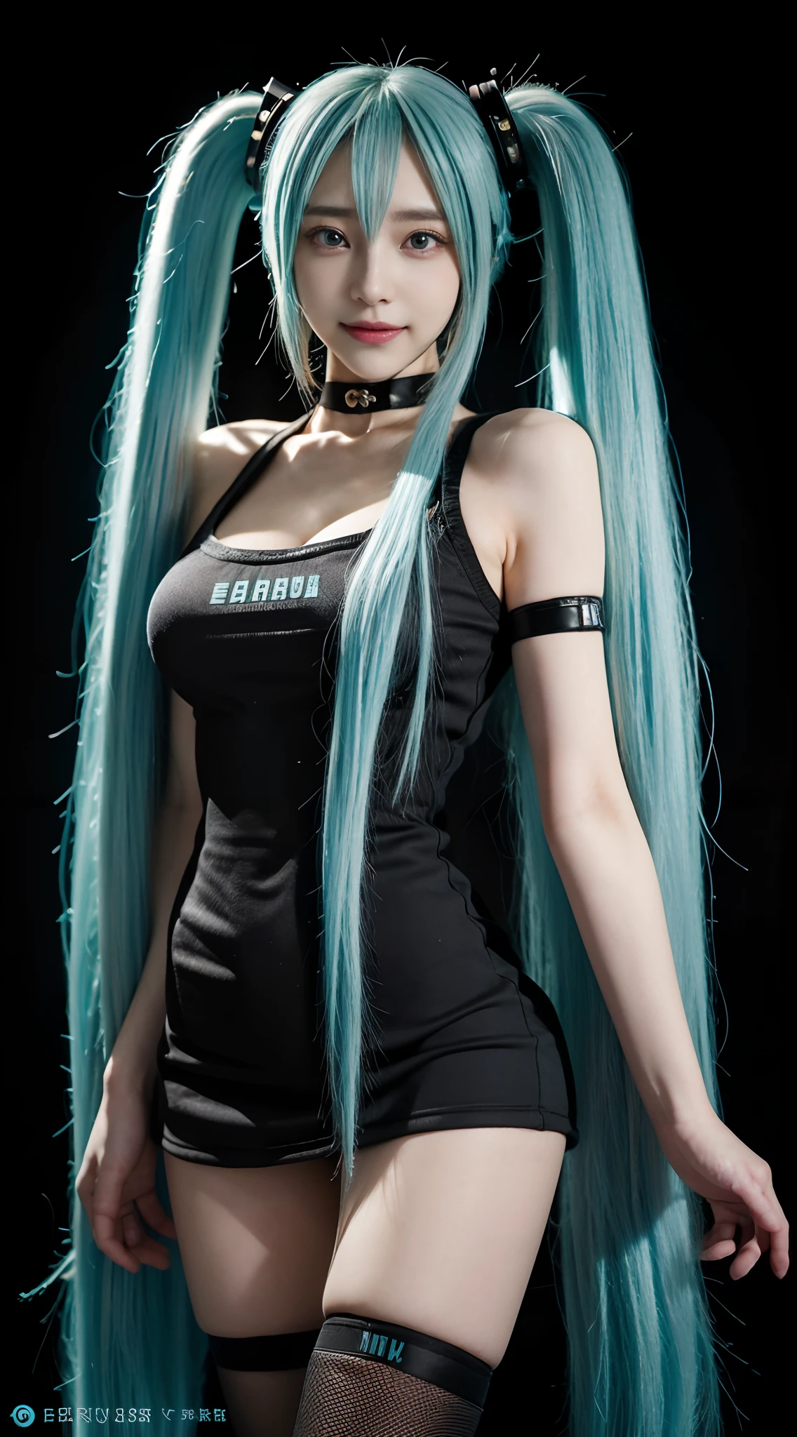 best qualtiy, A high resolution, Big breasts Hatsune Miku, expressioness, mascara, Black T-shirt with, a black skirt, lacepantyhose, high shoes, Concert, Black Television Broadcasters, guitar, Studio, amplifier, messy rooms, electric cables, natta, choker necklace, nipple piercing, Heavy eyeliner, Dark eye makeup, Pale complexion, Accessories with nails, Wristbands, Complex foundations, Twinkle, scribbles, drinks, poster for, Background with, Soundboard, subsurface, crowed, loud, perspired, Full of prunes, Mosin, Narrow, inside in room, Masterpiece, Best quality, Solo, Smile, heartthrob, full bodyesbian, view the viewer, Long blue hair, double tails, Stand on a stereo, Stage, stage lighting, Stage focus, Detailed background, Audience, (Front focus), keyword: 1 girl taking pictures, (((Hatsune Miku))), surrealist portrait, Fantasy art, photograph realistic, Dynamic lighting, voluminetric lighting, Very detailed faces, 8K, Award-Awarded, 1girll, 25 year old girl,low tune, Long two-tailed hair with ponies, Bright Tosca hair and eye color (((Rich in color))), Nack shoes , full bodyesbian, Big smile (Open mouth), Wet skin, Highly detailed face and skin texture, Detailed eyes, Realistic eyes, Beautiful detailed eyes, (Realistic skin), (((Futuristic Hatsune Miku dress 1:1))), dynamicposes,fully body photo,full bodyesbian