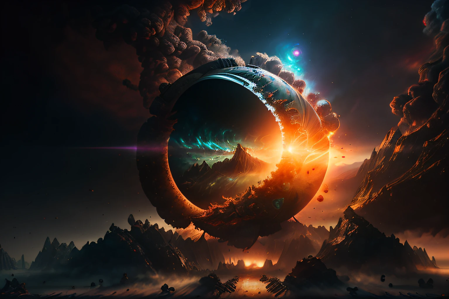 masterpiece, octane render, photorealistic, uhd, hdr, 8k, dslr, 30mm, Fujifilm XT3, film grain, RAW digital landscape photo of an exploding (emb-nuke2:1.2) (smoke planet:1.3), ultra detailed, sharp focus, hard shadows, bloom, volumetric lighting, trending on artstation
