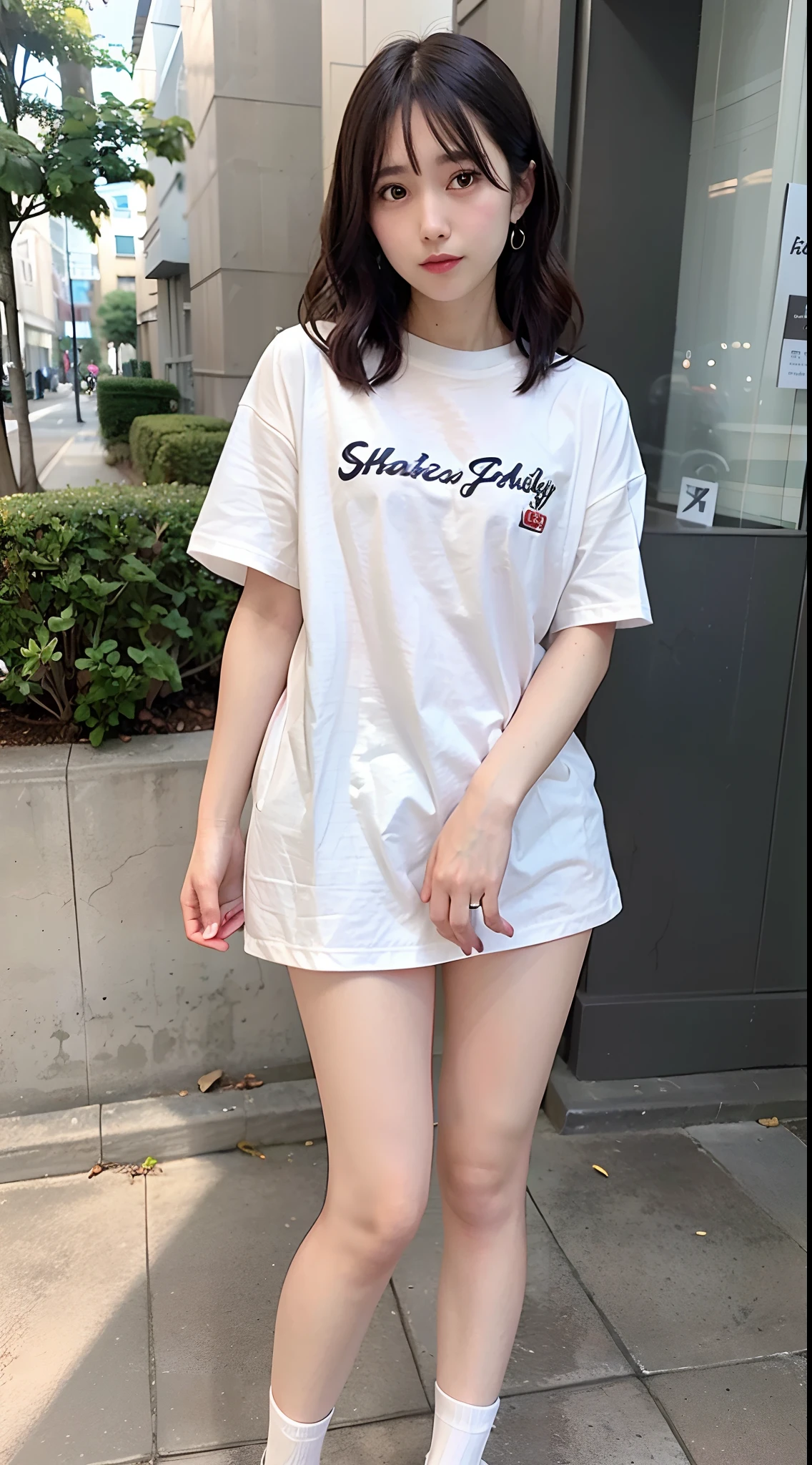 (Oversized_Shirt:1.2)、Oversized_Shirt、
Good Hand、4K、hight resolution、​masterpiece、top-quality、((Hasselblad photo))、foco nítido、(cinematlic lighting)、beautiful  lighting、dynamic ungle、[:(Detail Face:1.2):0.2]、Very pretty woman、Women of short stature、sixteen years old、Attractive paws、Emphasis on the thighs、thick thight、Beautiful legs、Ecchi thighs、white  shirt