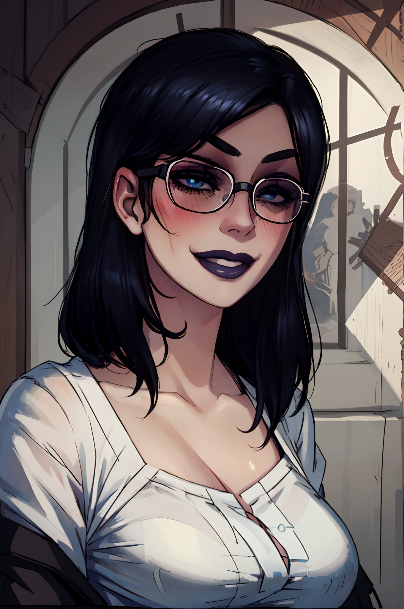 beautiful, (masterpiece:1.2), (best quality:1.2), perfect eyes, perfect face, perfect lighting, 1girl, solo, portrait, cute face, blue and black hair, glasses, blush, pale skin, goth makeup, face portrait, seductive expression, seductive look, smiling, cute shirt