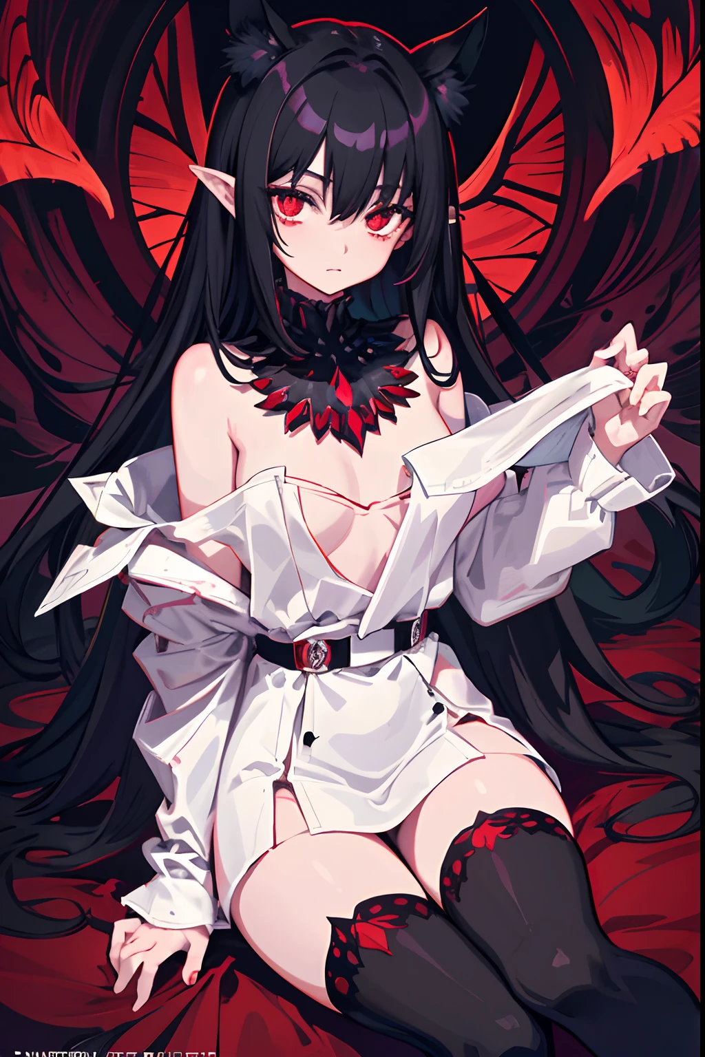 Expressionless,,(Dark fantasy),((Wonderful illustrations)),(Details fly), Long black hair, Red pupils, Girl, With the ears pinned to one side is the red butterfly Barrett, Masterpiece, Best quality, High quality, shelmet,, Red and black crystal necklace, Black Knee Socks,Naked,Undressed