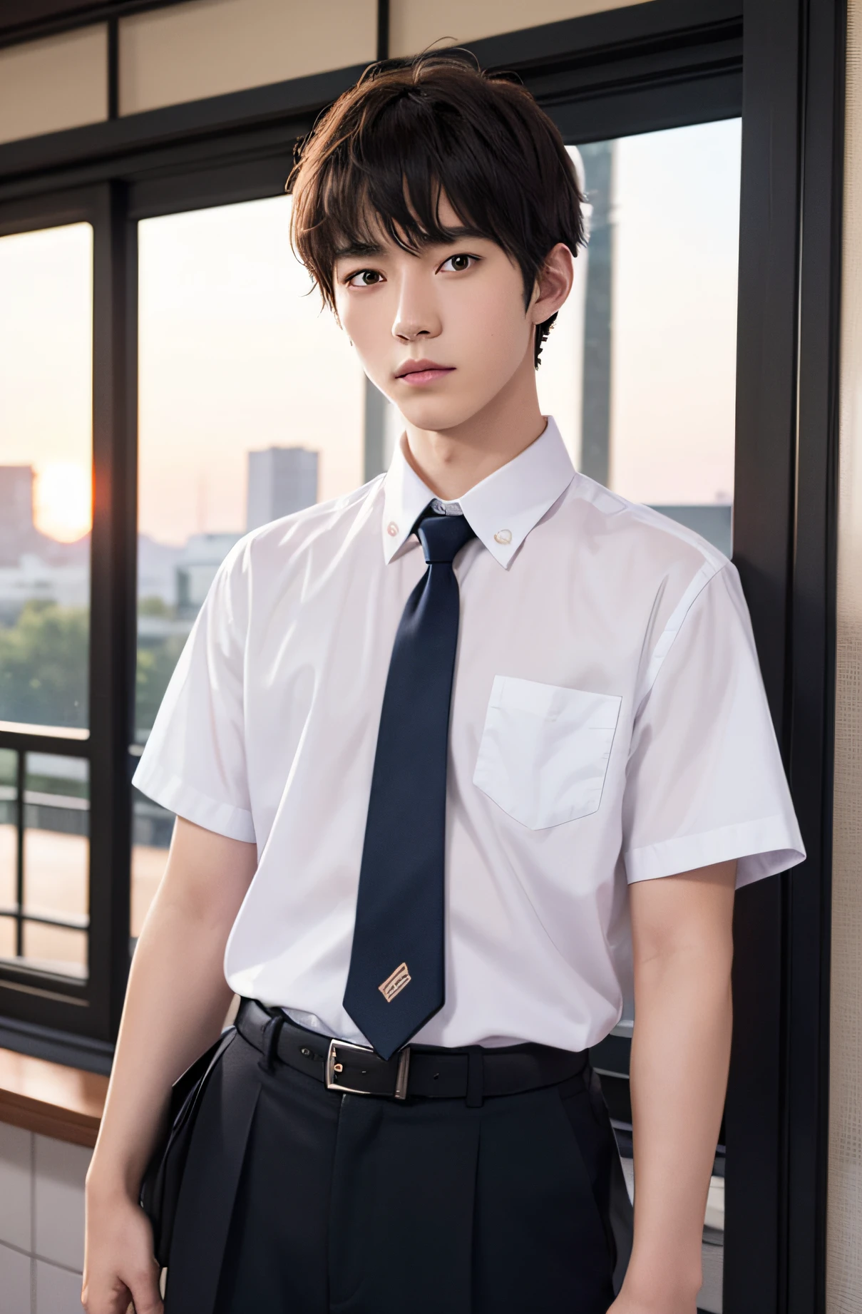 1 boy、student clothes、High school students、Japan Boys、A sexy、short-haired、A dark-haired、perm、Fashionable、No lipstick、The upper part of the body、a cool、An ultra-high picture quality、​​clouds、the setting sun、neck tie、schools、male people、ember、a cool、twinks