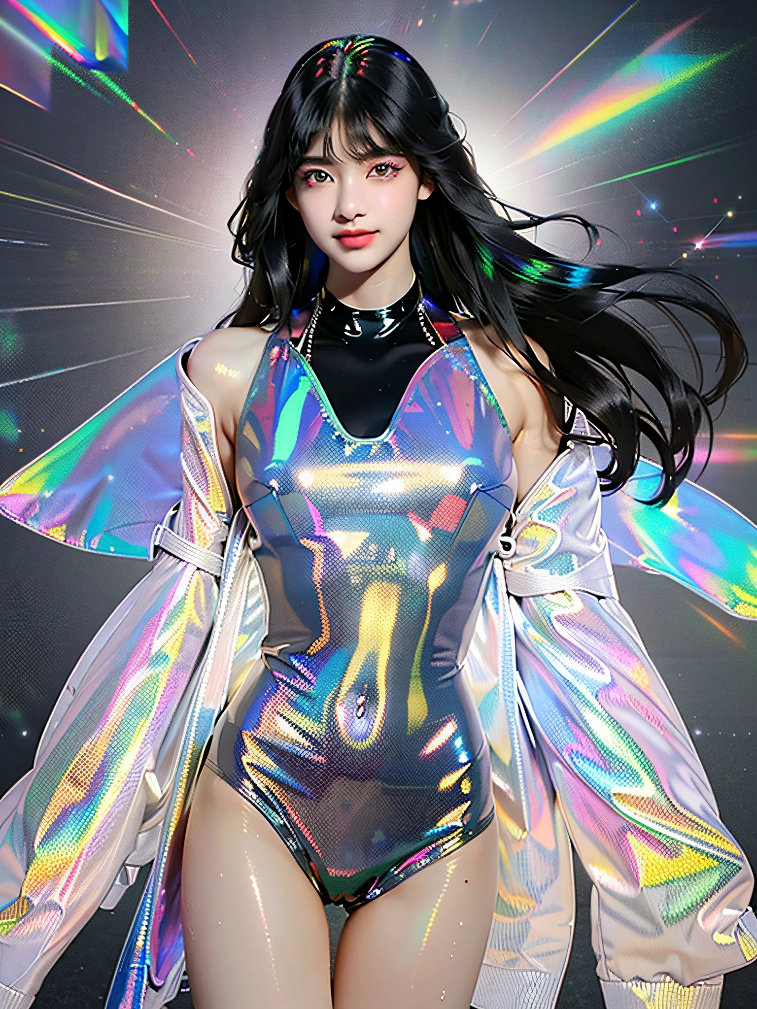 RAW, 1girl, colorful, (masterpiece, best quality), cowboy shot,
(detailed skin:1.3, detailed face:1.3), dslr, realistic, waving, looking at viewer,
sharp focus, delicate, (korean beauty, korean mixed:1.2),
(Glossy skin + Shiny skin:1.4), (sweaty:1.1),
(big breasts:1.2, thick thighs:1.1, narrow :1.1),
(black_hair, long hair, straight hair:1.3), (big_eyes, brown_eyes), red_eyeshadow, long_eyelashes, red lips,
eyes_smile, stud earrings,
(holographic iridescent metallic black latex swimsuit:1.4),
beach, day, (sunlight_on_front_face:1.3),