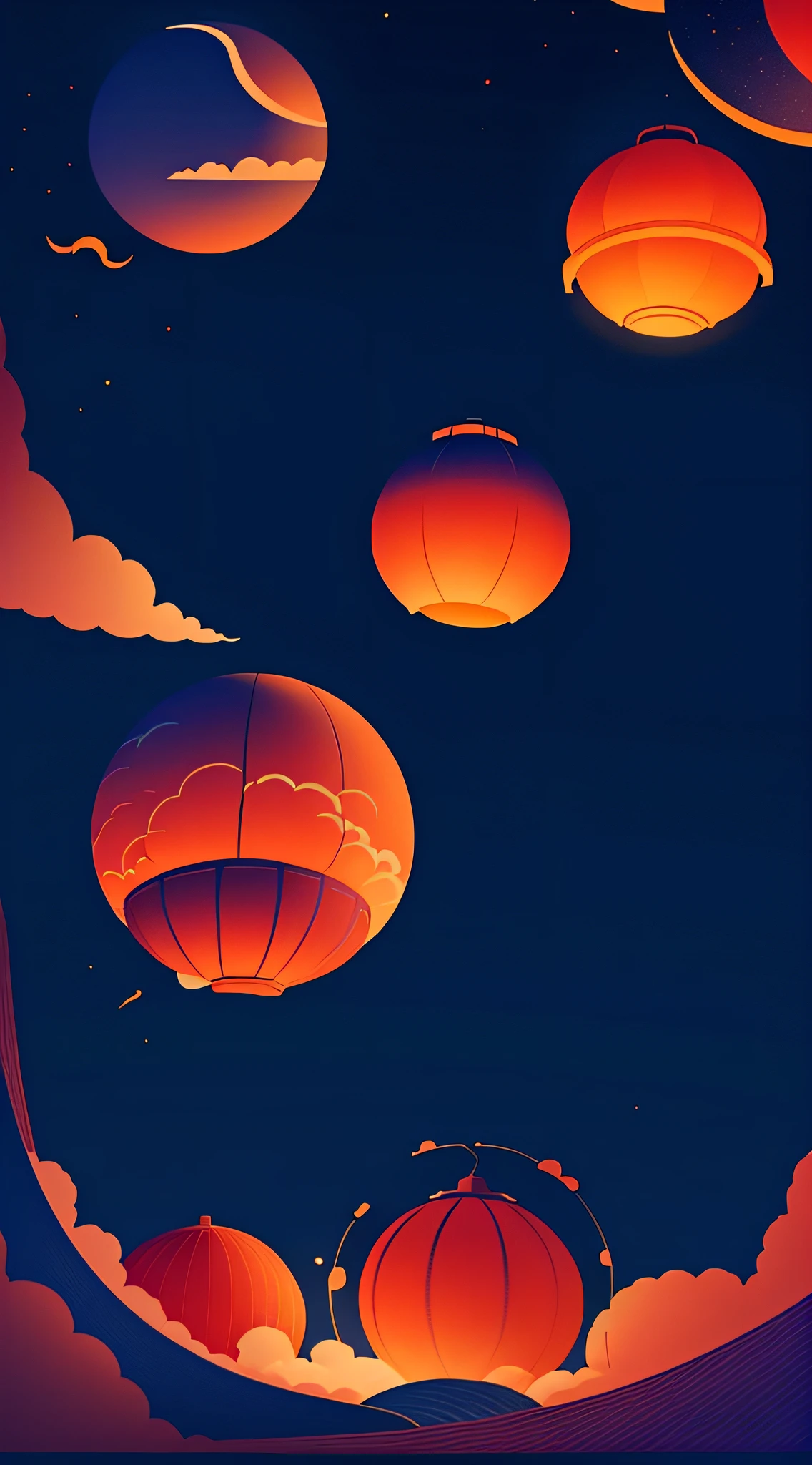 Mid-Autumn Festival,Moon cake, Auspicious clouds, Red lanterns, Exquisite ancient Chinese architecture, In the background is a huge moon, With vector line illustration, amarelo、Red and dark blue tones, Abstract picture, No Man,No Man,No Man,surrealism, Clear background trends, clear contour light, Edge light, fantasy, Dappled light, Flat illustration,Disney style, 8K, --AR 9:16 --q 2 --niji 5