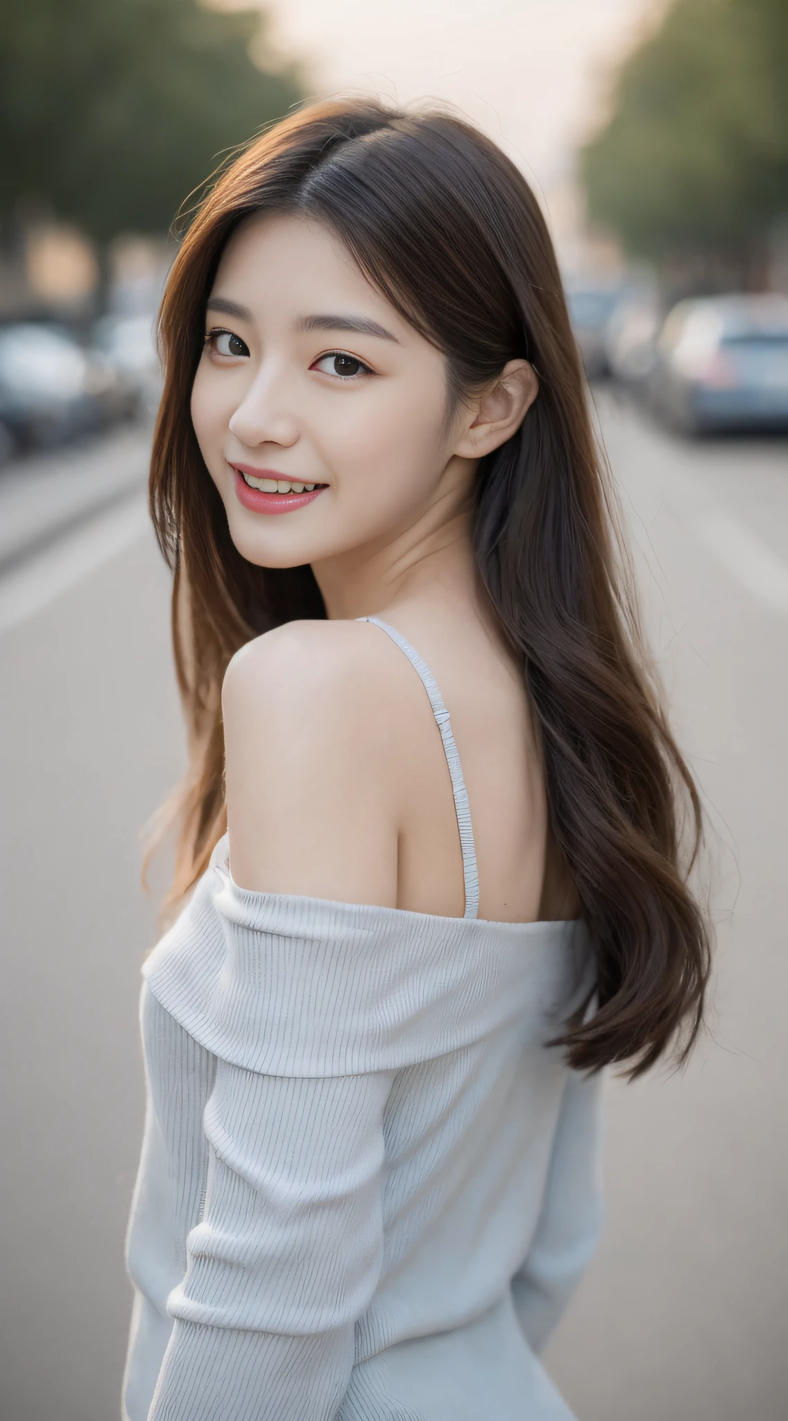 (1 Korean star with royal sister style), ((best quality, 8k, masterpiece: 1.3)), focus: 1.2, perfect body beauty: 1.4, (smile), (Street: 1.3), highly detailed face and skin texture, fine eyes, double eyelids, whitening skin, (big wave hairstyle: 1.3), (round face: 1.5), (rose off-the-shoulder top: 1.4),