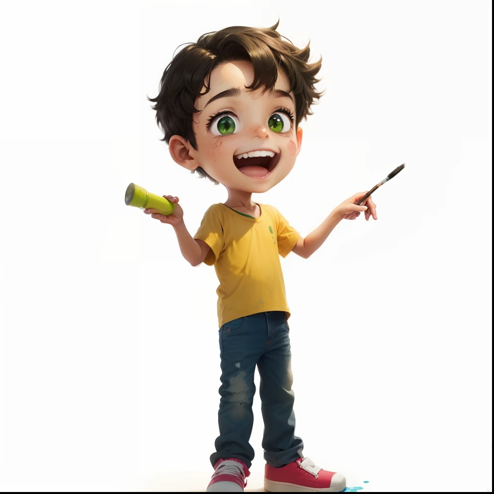 de oito anos de idade com olhos verdes e camisa amarela, He's cheerful and has a brush in his hand and it's a paint stain