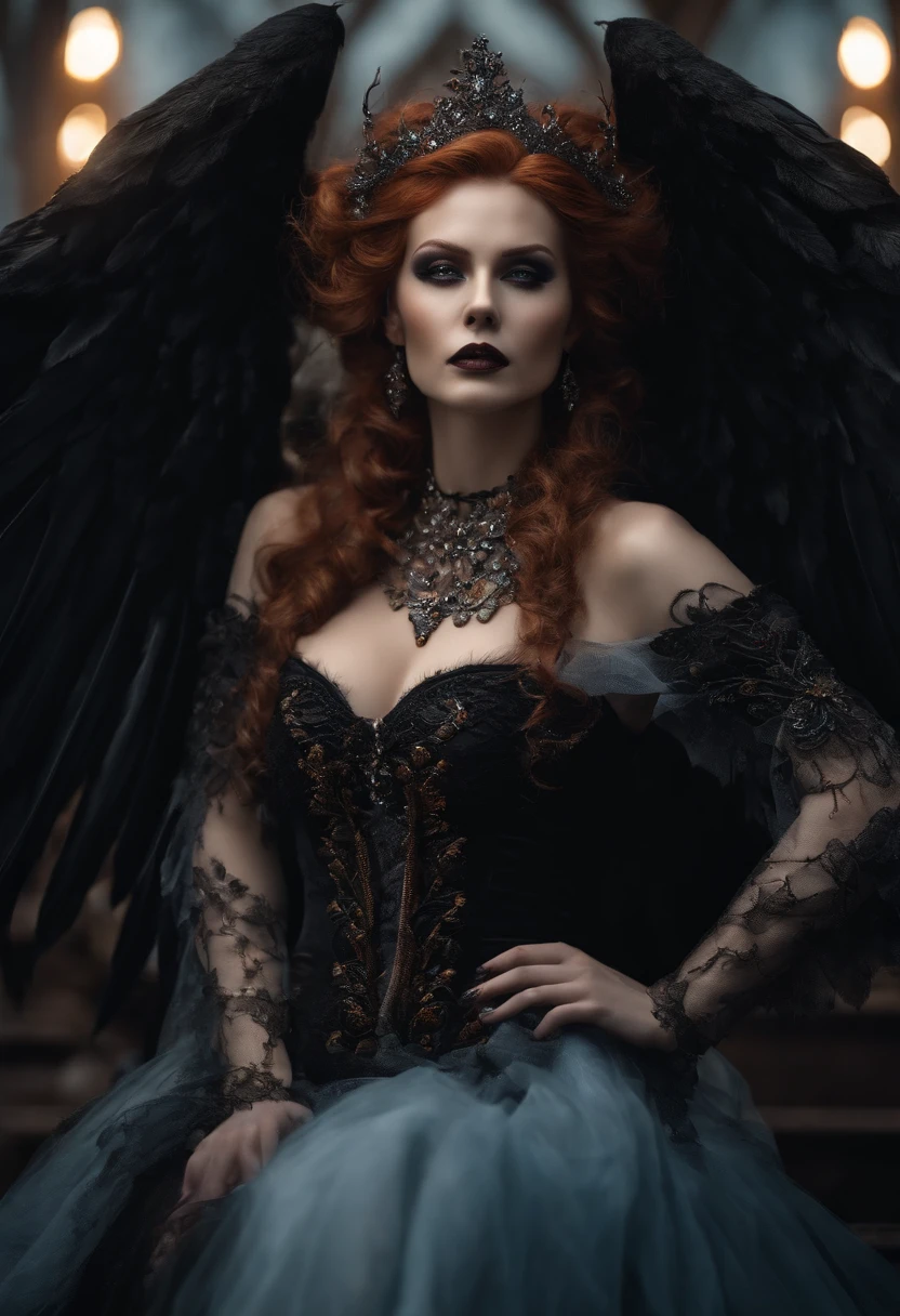 uma imagem de uma fada demoniaca ,ruiva de mechas pretas com asas pretas de borboletas fazendo pose de corpo inteiro ,Gothic dress black vampire teeth detailed image high defined 8k