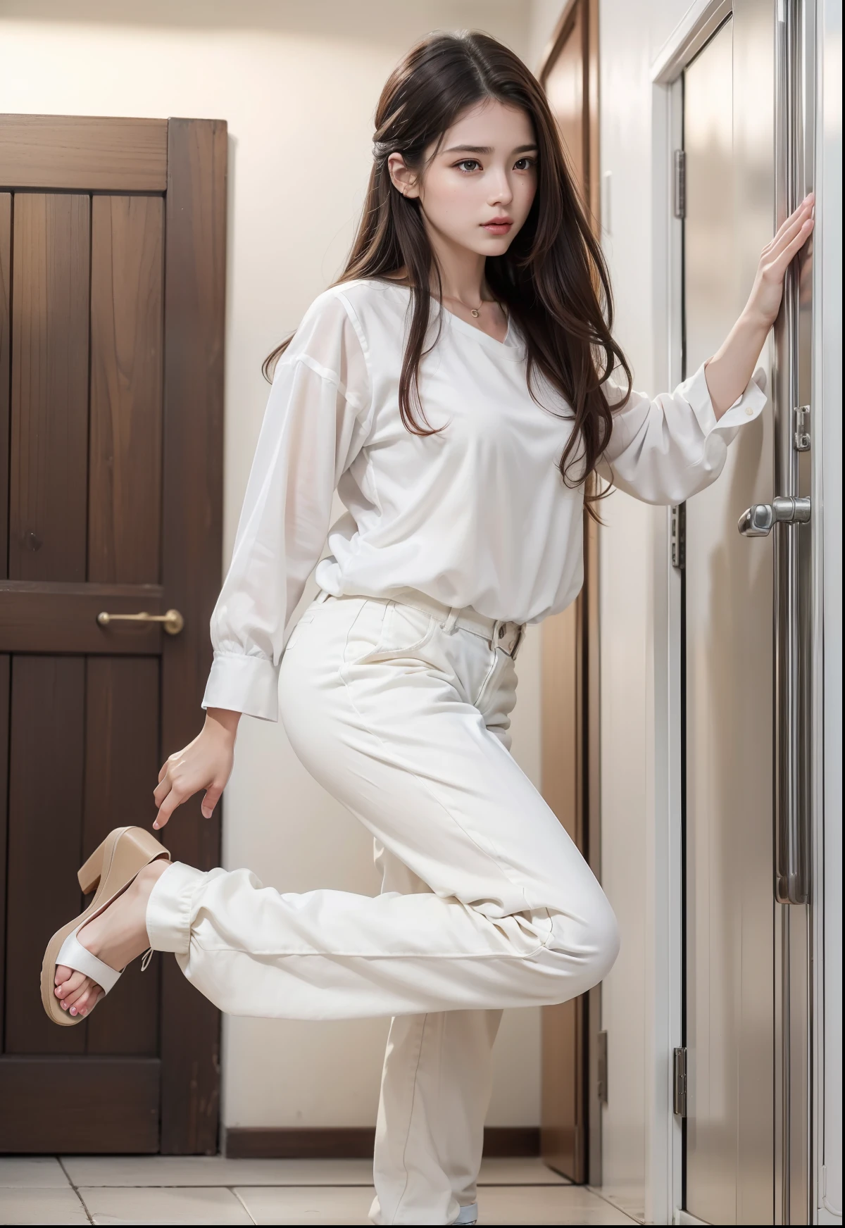 (8k, RAW photos, top quality, masterpiece: 1.2), (realistic, photorealistic: 1.37), (High Quality), (Ultra realistic), (High Details), (Face detail), (Shadow Detail), ((gigantic huge bresat : 1.5)), solo, 1 girl, brown hair, long hair, white shirt, yellow pants, hands taking off white sandals