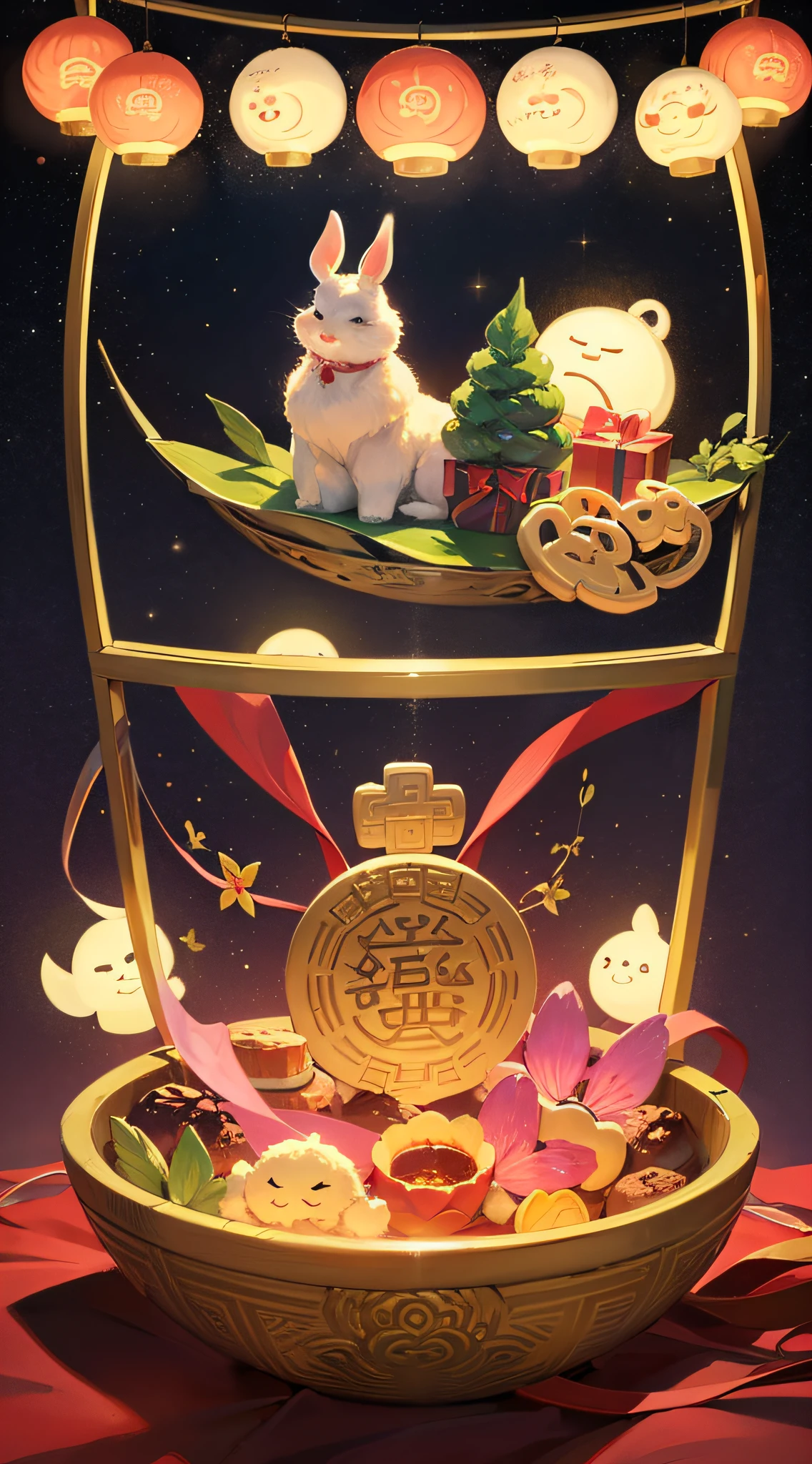 Jade rabbit, moon icon, two-dimensional style, Mid-Autumn Festival, mooncake, gift ribbon, pink light bar