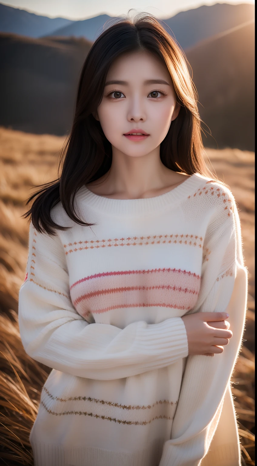 realistic photos of 1 cute Korean star, straight hair, white skin, thin makeup, 32 inch breasts size, wearing striped vertical sweater, walking on the mountain, sunset light, upper body portrait, UHD
