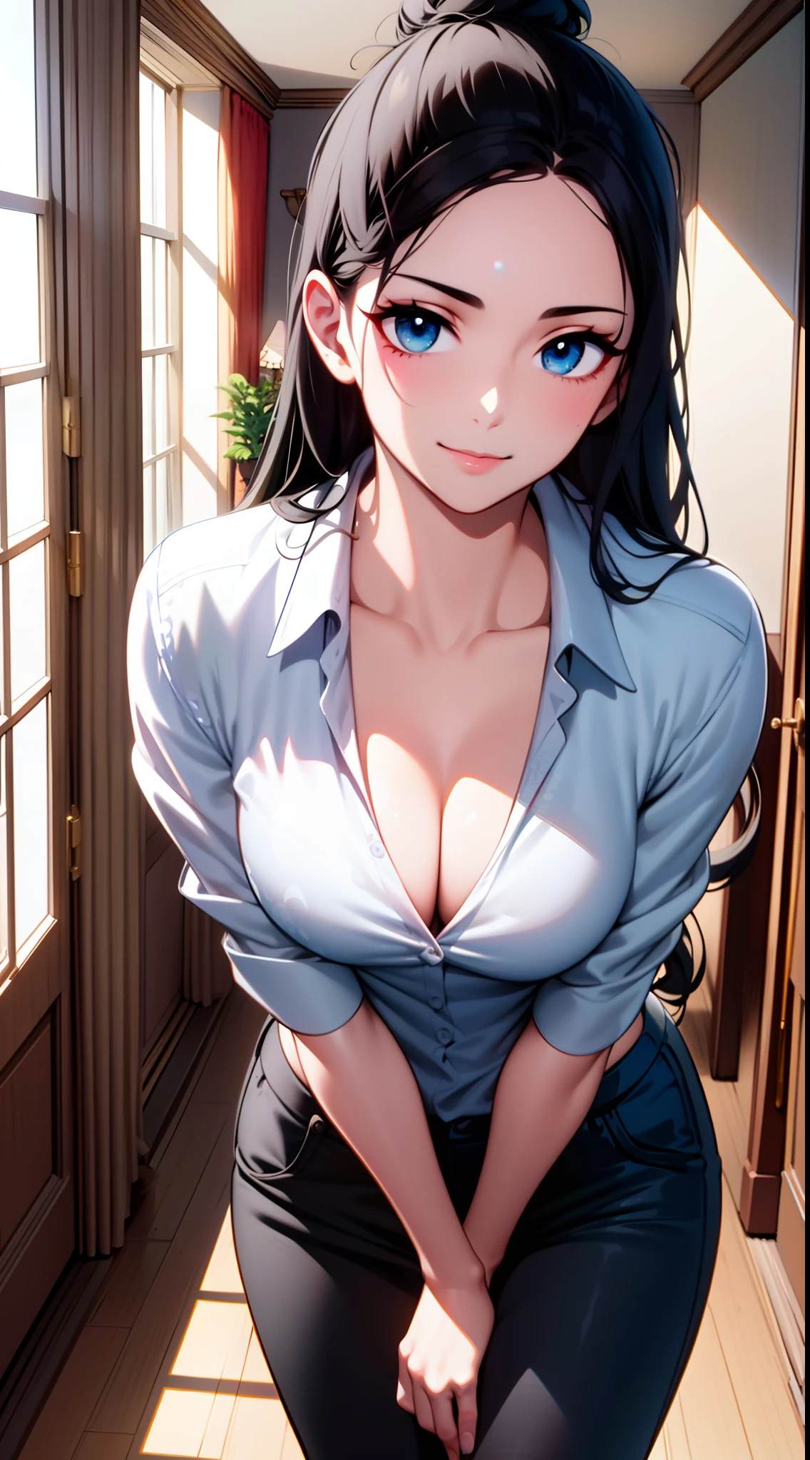 masterpiece, ((ultra detailed background, delicate pattern, intricate detail)), (highly detailed, fine details), best quality, beautiful lighting,((medium breasts, slim girl)), (white shirt, formal shirt, black pants, formal clothing), hair in a bun, NicoRobinV2, 1girl, black hair, long hair, solo, smile, blue eyes, closed mouth, hair slicked back, (complex detailed background, inside, hallway environment, classy interior, window, daytime), (portrait),film movie still、1girl in、on knees、14years、pale-skinned、innocent smiles、white fishnet stockings、((A detailed face))、(Detailed skin)、Moist with intricate details、Shallow depth of field、[volume fog]、电影灯光、Reflectors、a Canon EOS R5、50mm lens、f / 2.8、NffSW、shot at 8k resolution, on bedroom floor, sexy,short detailed hair，cleavage，Close-up
