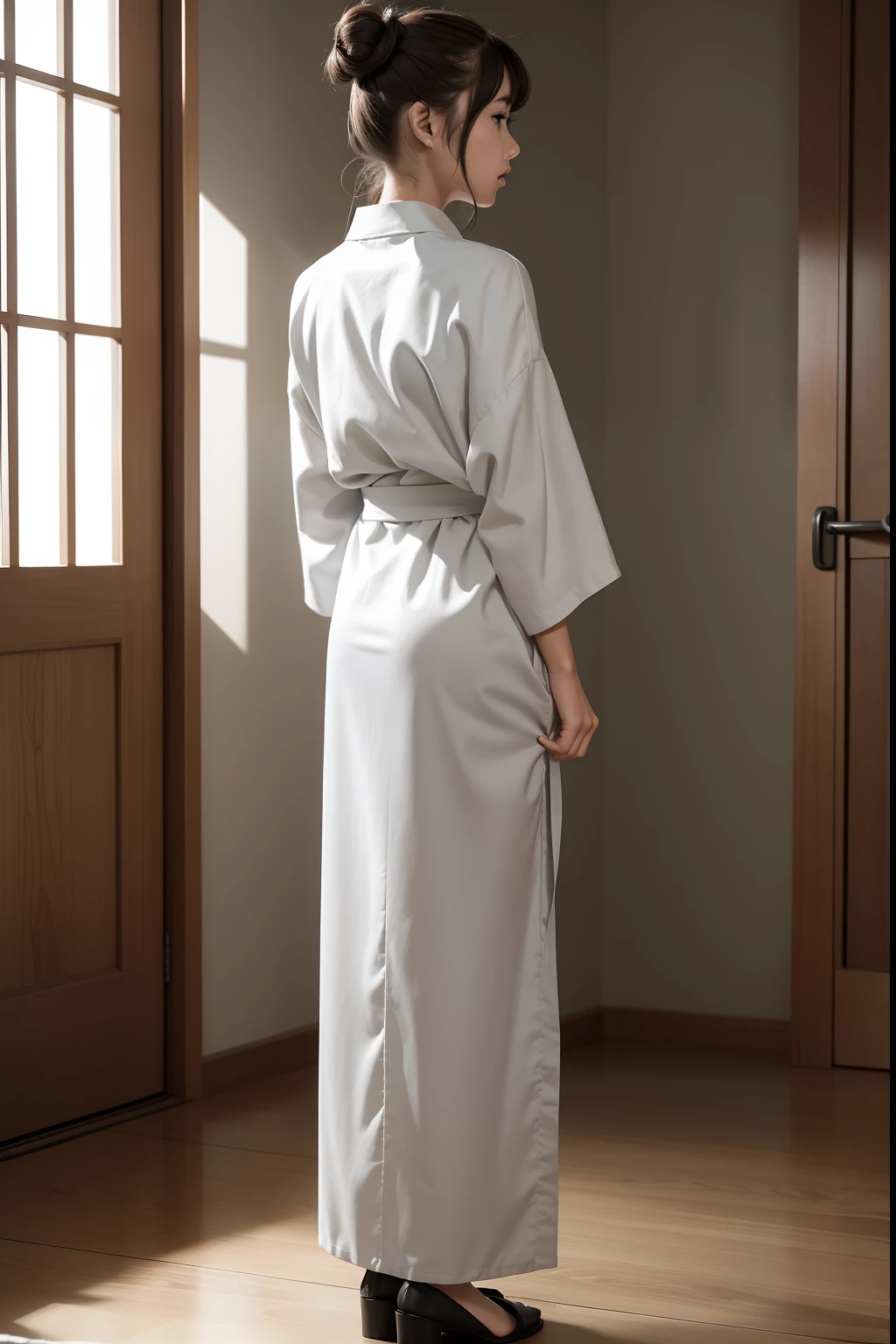 ((Masterpiece,Best quality, high resolution)), 1girll, Solo, The light is gentle，1 girl in a gray yukata，white sash，burlap，Female prisoners，With a petite figure，brunette color hair，hair-bun，Stand in a gloomy prison，stand posture，Full body like，Painful expression，is shy，Clothing covers the whole body，folds，solid color backdrop，back