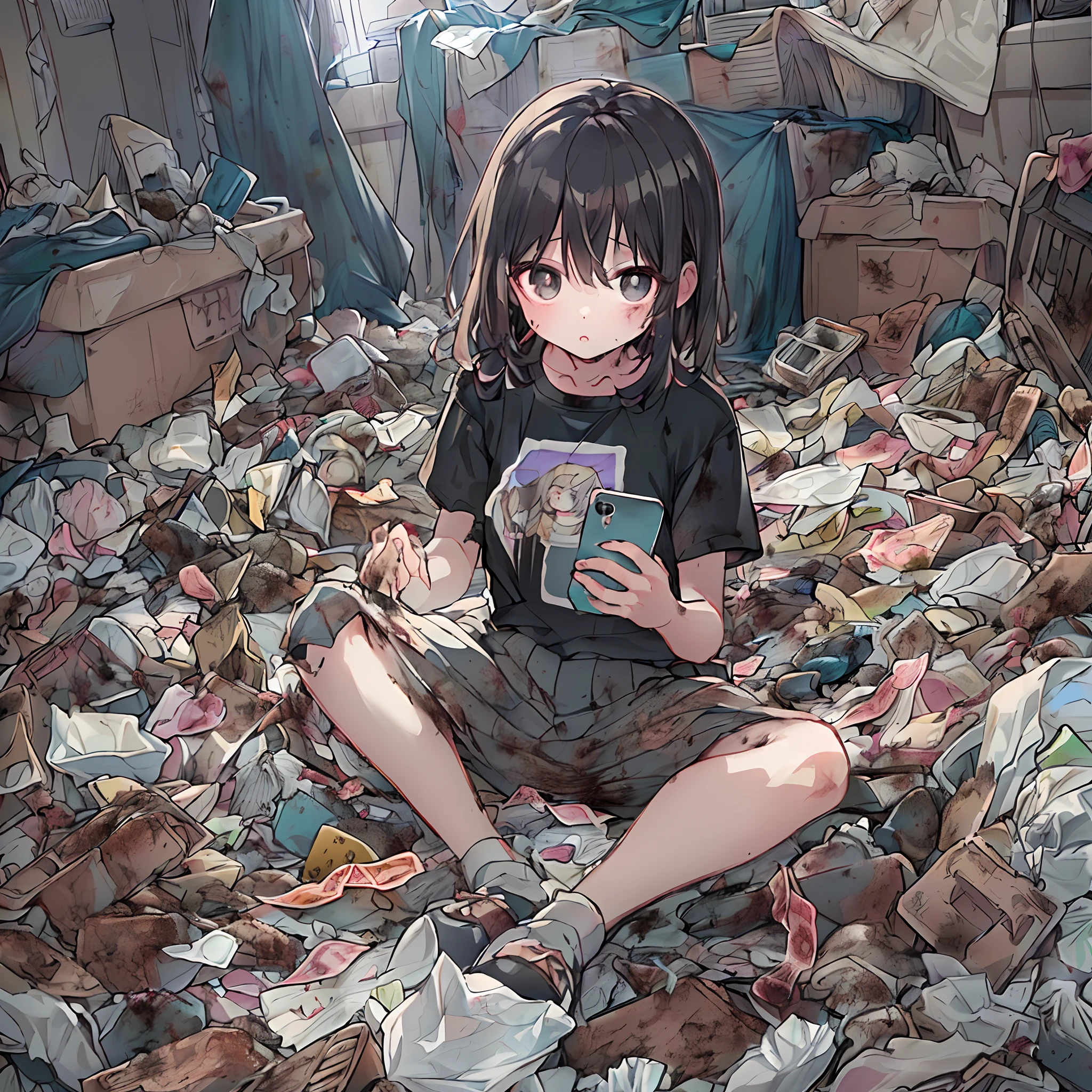 absurderes, hight resolution, (Anime style:1.1), ((masutepiece)), ((Best Quality)), (Ultra-detailed), (Beautiful), 独奏, Beautiful face、(liftup)、(Sitting on the garbage in an incredibly dirty room、Cute *********** operating smartphone:1.4)、The room is full of garbage、Garbage with rolled tissue、There are several cockroaches、,,A dark-haired、 Black eye,Ephemeral,,Looking at Viewer,Dramatic,、(full body Esbian)、14years、((Low position,From below:1.5))、Greasy hair、Unkempt hair、Detailed garbage pile on background、(I'm naked and wearing only a t-shirt:1.5)、darkened room、Scattering of food waste、(Used condom litter:1.4)