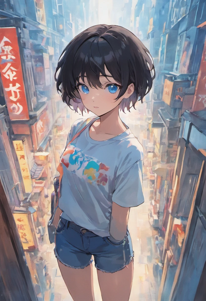 1girl, short black hair, blue eyes, wearing plain white shirt, denim shorts, city, absurdres, high res, ultrasharp, 8K, masterpiece, looking at viewer