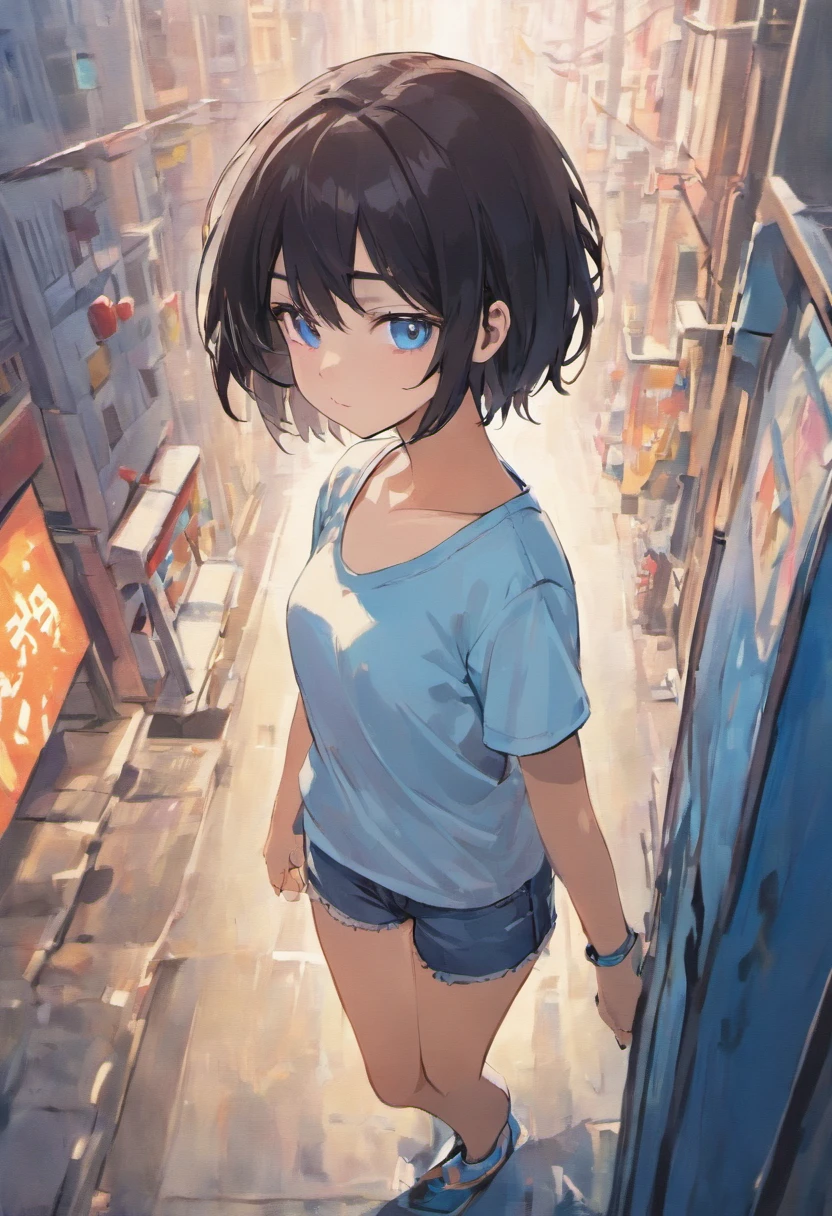1girl, short black hair, blue eyes, wearing plain white shirt, denim shorts, city, absurdres, high res, ultrasharp, 8K, masterpiece, looking at viewer