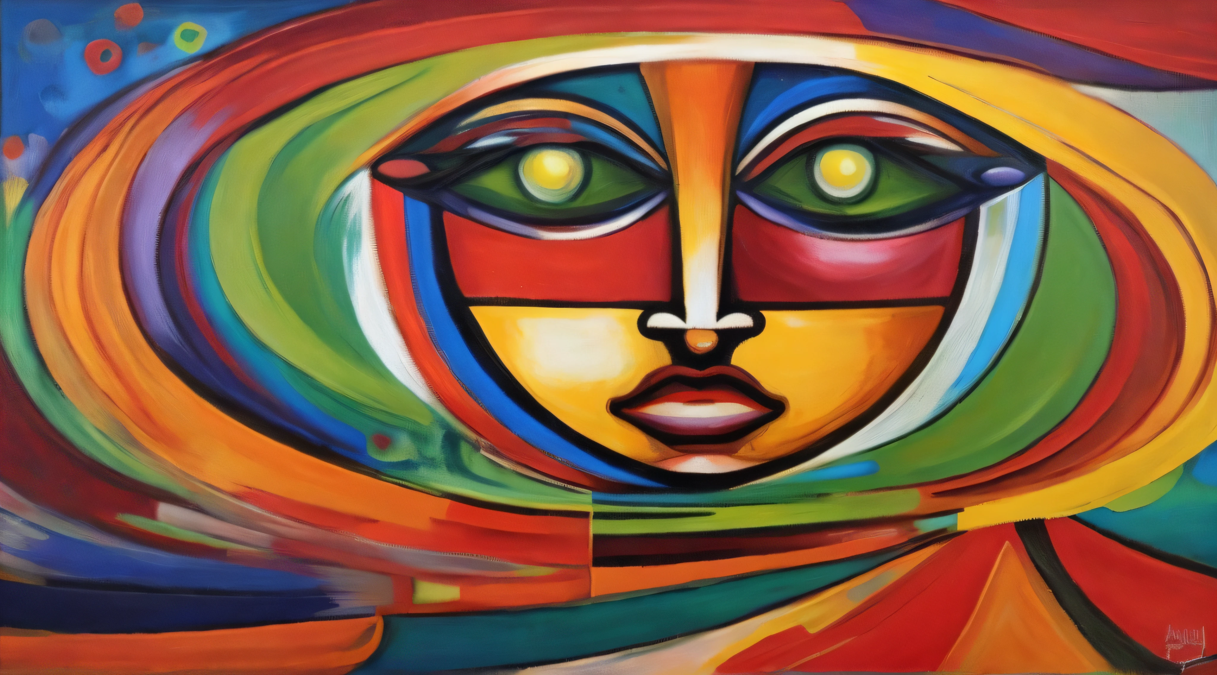 a painting of a woman with a colorful face and a red hat, face abstrata, arte colorida, cores expressivas vibrantes, Rostos multicoloridos, rosto estilizado, pintura colorida, retrato abstrato, Arte colorida, inspirado em David Alfaro Siqueiros, Cor expressionista, brightly coloured oil on canvas, pintura expressionista, inspirado em Martiros Saryan
