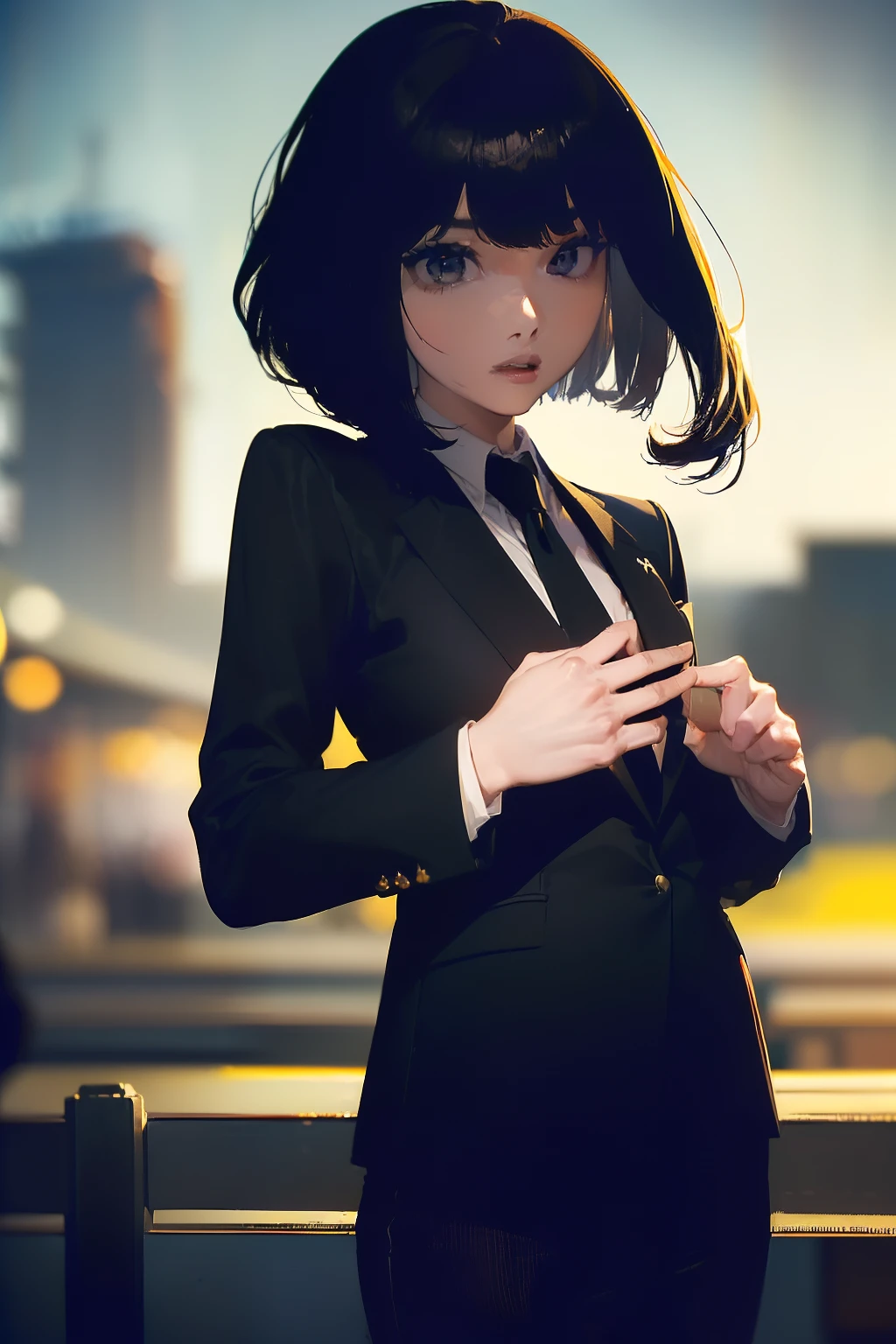 ((((Casino)),((Female 28 years old)),((Best Quality:1.5)),(((Hands with the correct number and structure of fingers:1.4))),((Big fish:1.37)),hight resolution,ultra-detailliert,​masterpiece,best qualtiy,(Eight-headed body),Straight shorthair、Black hair, long eyeslashes, Solid Circle Eyes, makeup, , Atmospheric perspective,Super Detail, ccurate, small brest,(Wearing a suit、Black jacket and black jeans :1.1),top-quality, blurry backround, bokeh dof:1.2, (​masterpiece:1.3), Atmospheric perspective,Super Detail,dynamic compositions,