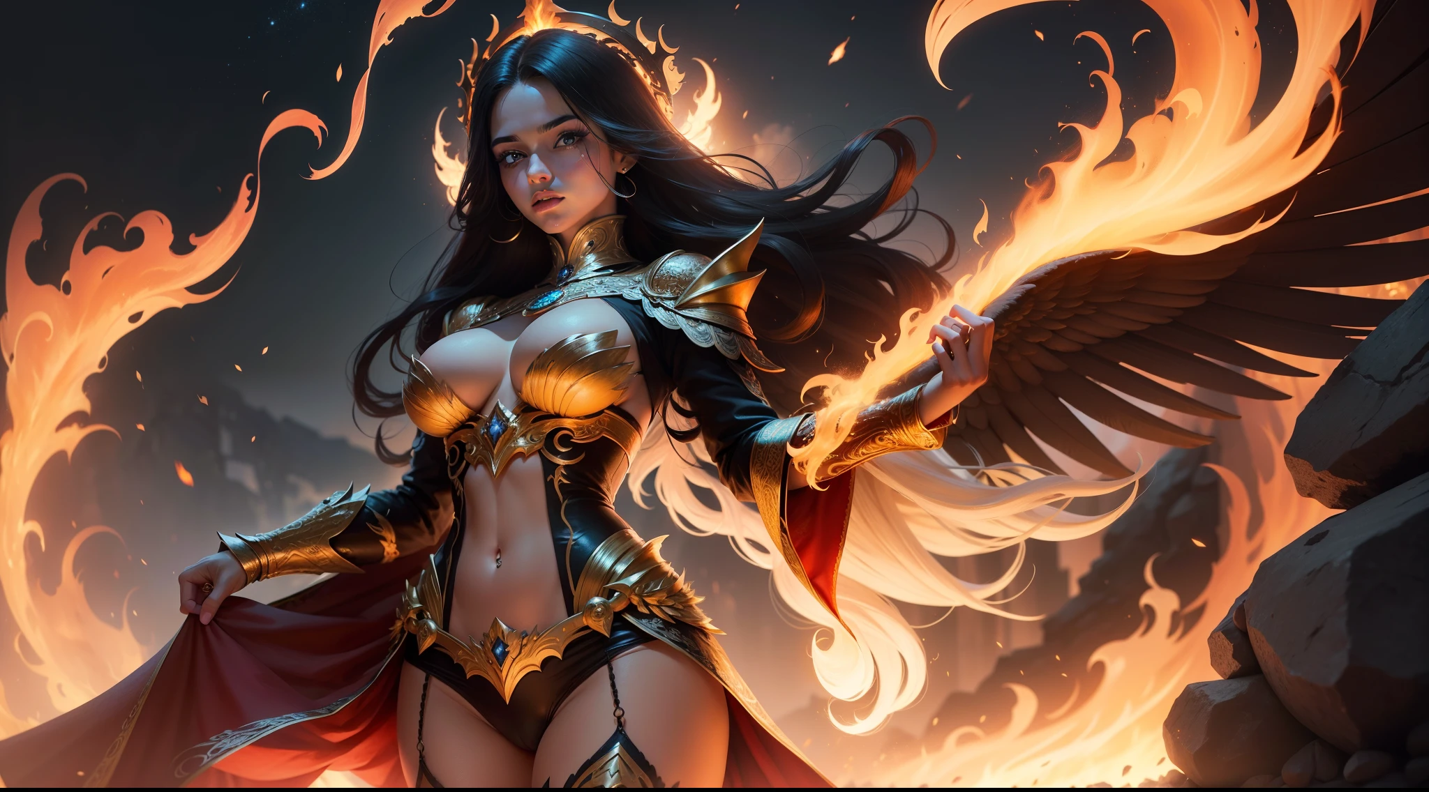 1 mulher, ave fenix, roupa de fogo, asas de fogo, cabelos de fogo
