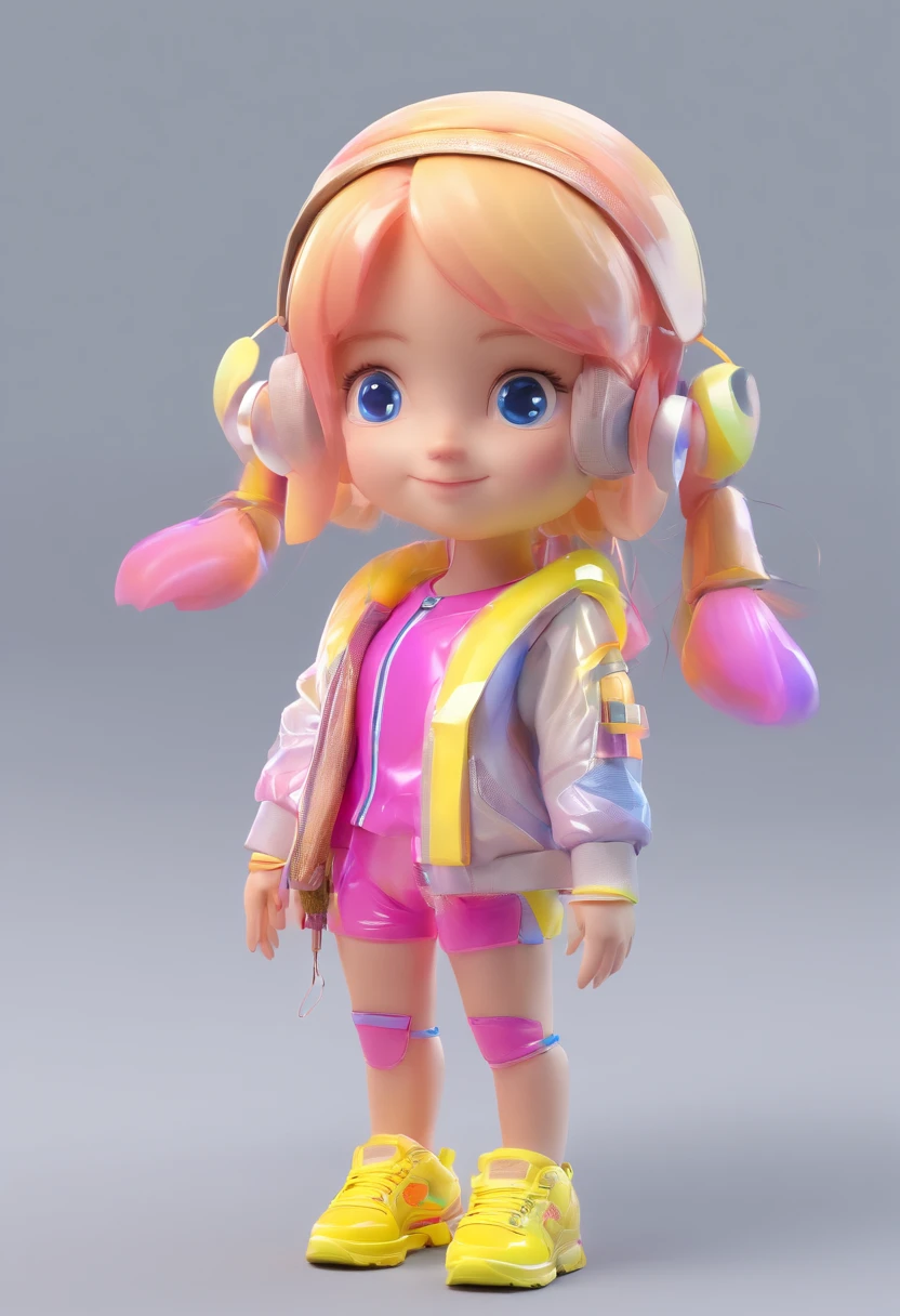 Cute  wrapped in transparent plastic, chibi, fluorescent translucent sports fashion trend clothing, wearing Nike shoes, candy color, simple and bright background, 3D toys, cyberpunk style, cinema4d, octane render, 3d model, collectible toys,Nendoroid,streetstyle,Pixar,big shoes , fashion trends, close-up, full body --ar 3:4 --q 2 50 --niji 5 --niji 5 --s 100 --style expressive --s 2