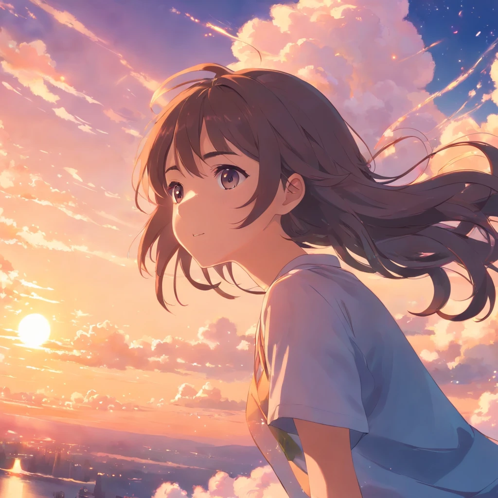 masterpiece, best quality, movie still, 1girl, cloud girl, floating in the sky, close-up, bright, happy, warm soft lighting, sunset, (sparks:0.7)