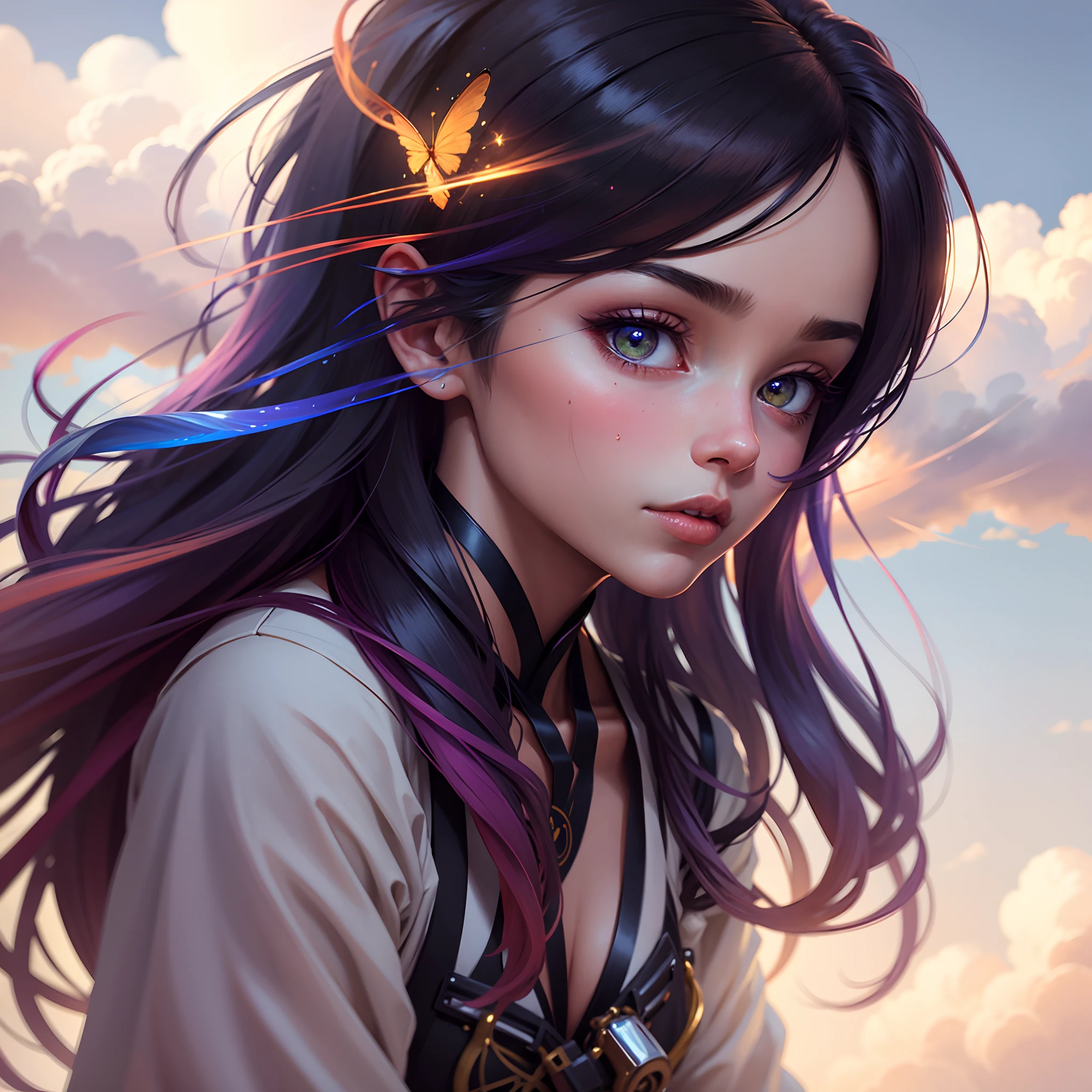face close-up, soaring female figure made of ribbons, smoke, in the sky, colorful and bright, mystical colors, modern impressionism, portraiture Yanjun Cheng, iridescent perspective view, cute face, low angle, wide swirling composition, big beautiful crystal eyes, large iris, UHD, HDR, 8K, (Masterpiece: 1. 5), (World's most beautiful portrait: 1.5)
