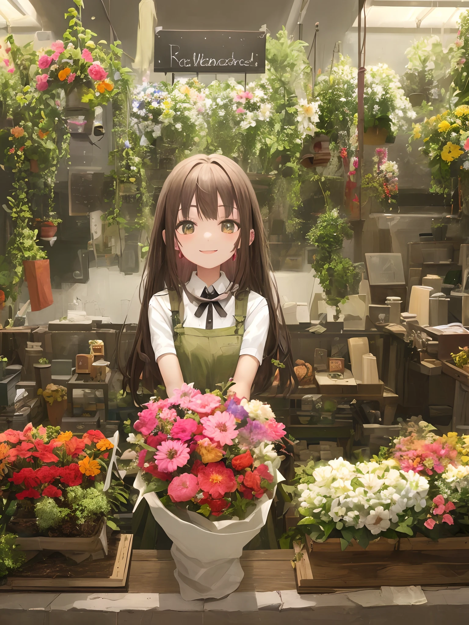 Best quality、超A high resolution、full bodyesbian、Girl working in a flower shop、Making a bouquet、 A smile