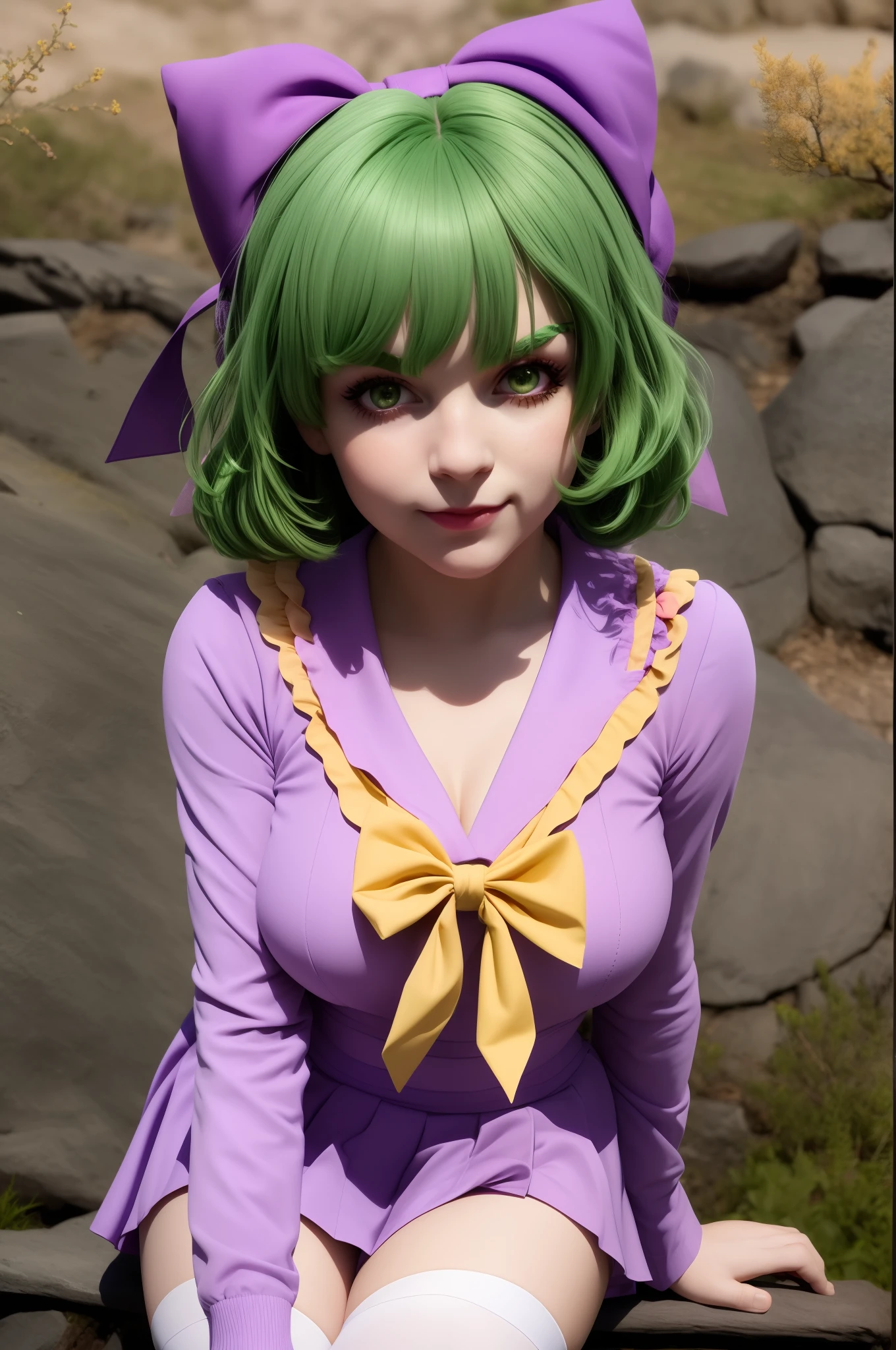 Green hair， greene eyes， Purple bow headdress， Light pink sailor suit，Yellow-pink sailor collar， pleatedskirt，white stockings，Be red in the face，Big tits，asiagirl，