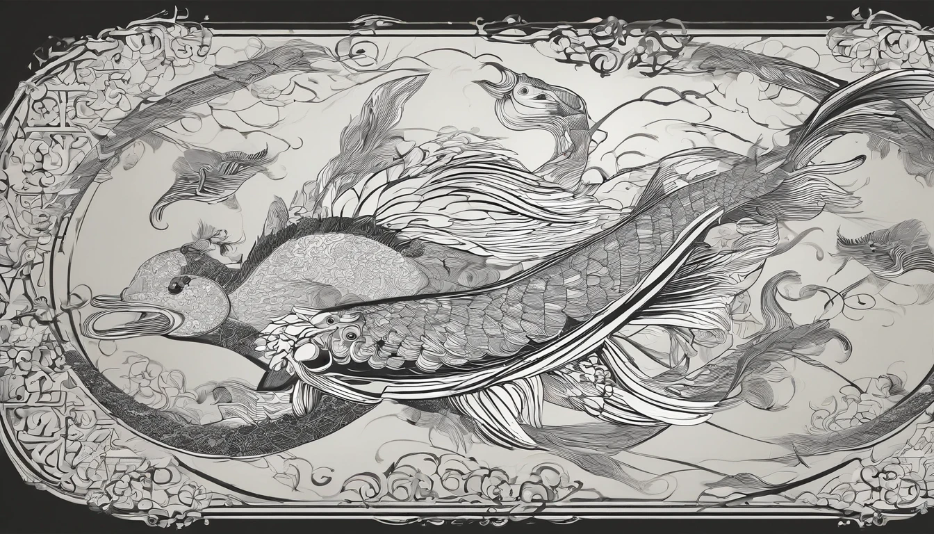 Outstanding art：1.9，Unsigned ink painting of a koi，The body of the carp is based on red，blue colors、black in color、Green decoration is embellished，Enhance the line stroke weight variation of a picture，Very artistic brushstrokes，Each section is orange、White Chinese dark eight immortal pattern，Lotus texture，Sword texture，Yin-Yang plate texture，Flute texture，Top official digital art，s fractal art，Mathematical formula algorithm art，Inspired by traditional Chinese auspicious textures，Inspired by Dunhuang murals，Inspired by hair growth