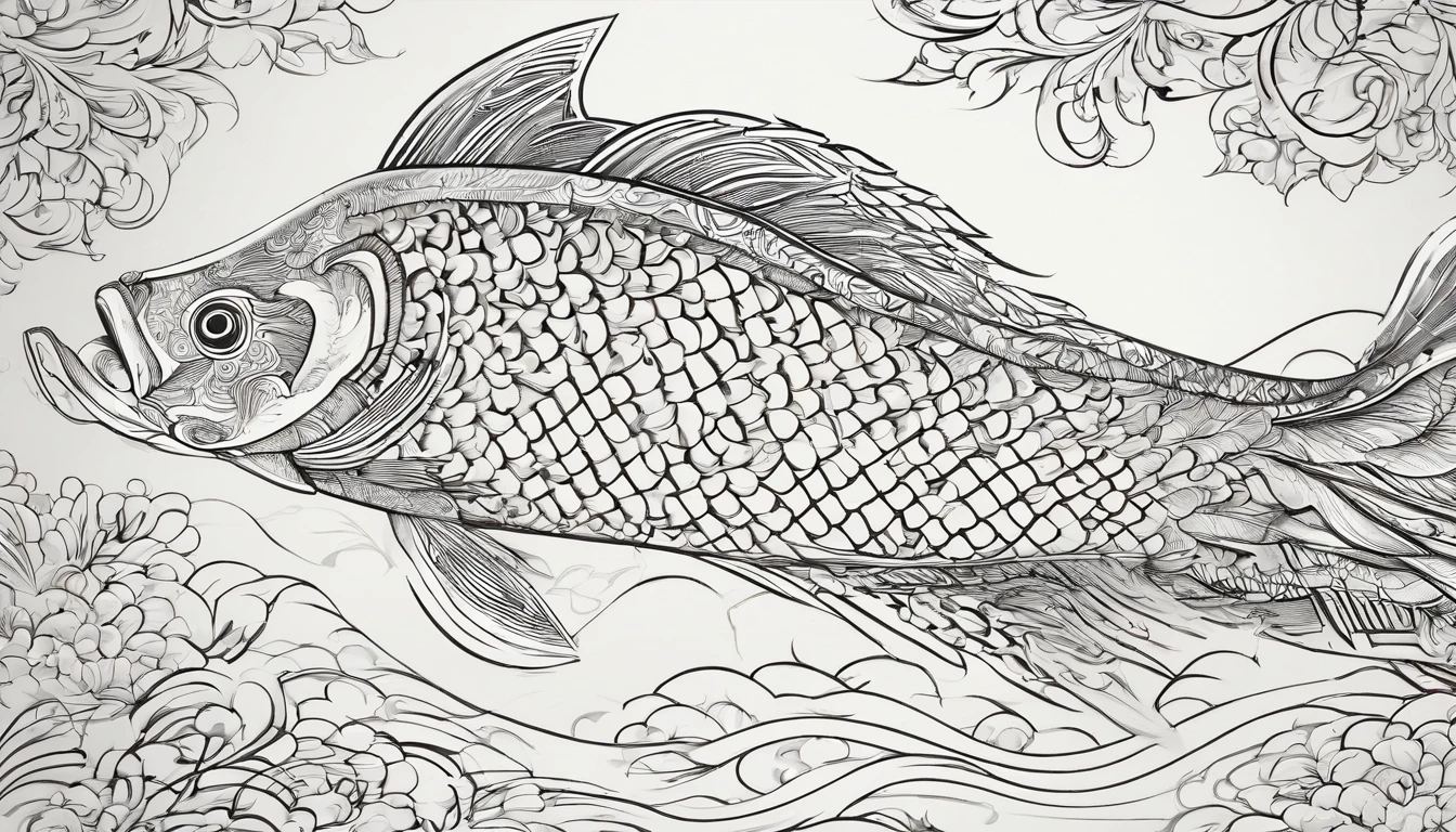 Outstanding art:1.9,Unsigned ink painting of a koi,The body of the carp is based on red,blue colors、black in color、Green decoration is embellished,Enhance the line stroke weight variation of a picture,Very artistic brushstrokes,Each section is orange、White Chinese dark eight immortal pattern,Lotus texture,Sword texture,Yin-Yang plate texture,Flute texture,Top official digital art,s fractal art,Mathematical formula algorithm art,Inspired by traditional Chinese auspicious textures,Inspired by Dunhuang murals,Inspired by hair growth
