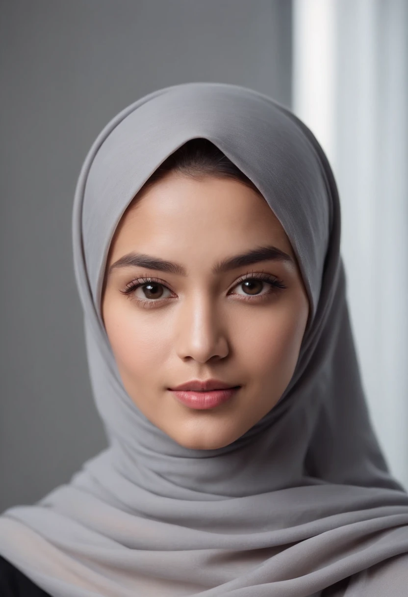 Photo portrait of a beautiful Malay girl wearing a hijab and dimples, around 21 years old, (plain grey hijab), (portrait medium shot:1.3), dramatic light, Rembrandt lighting scheme, (hyperrealism:1.2), (8K UHD: 1.2), ( photorealistic:1.2), shot with Canon EOS 5D Mark IV, facial detail, skin texture detail. sitting on office, desk full of paper, computer