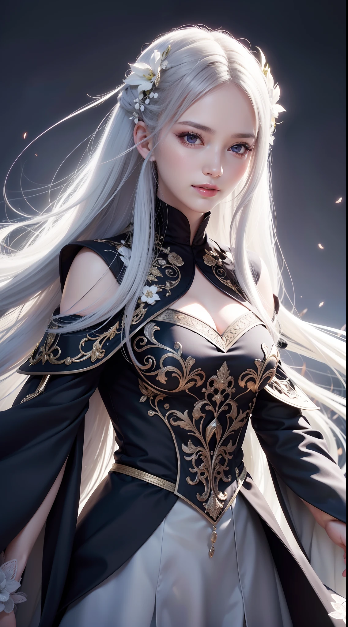 Beautiful detailed woman,very detailed eyes and faces, A detailed eye, ultra - detailed, A high resolution, The is very detailed,best qualtiy,illustratio,unified,8k 壁纸,tmasterpiece,best qualtiy,1girll,looki at viewer,face to the viewer,Flowing white hair,Long gray hair,black long dress,fond violet,abstract backgrounds:gorgeous,spark of light,Random dynamic pose,Enticing smile,Surreal 8000 grams,Impeccable,tmasterpiece,professionalartwork,famousartwork,电影灯光,cinematicbloom,Perfect face,beautifulface,fanciful,dream magical,Not real,intricately details,delicate patterns